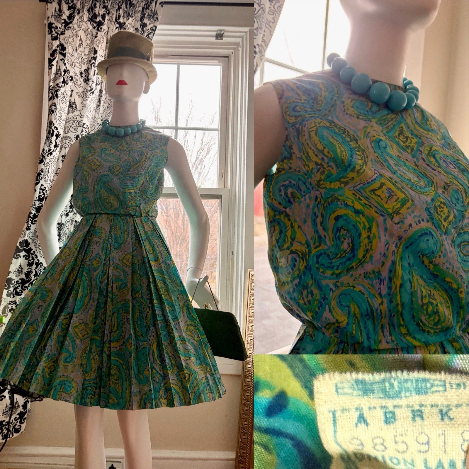 Vtg 50s 60s Bold Print Garden Party Dress Fit & Flair S 36/24 USA Union VLV 🔥