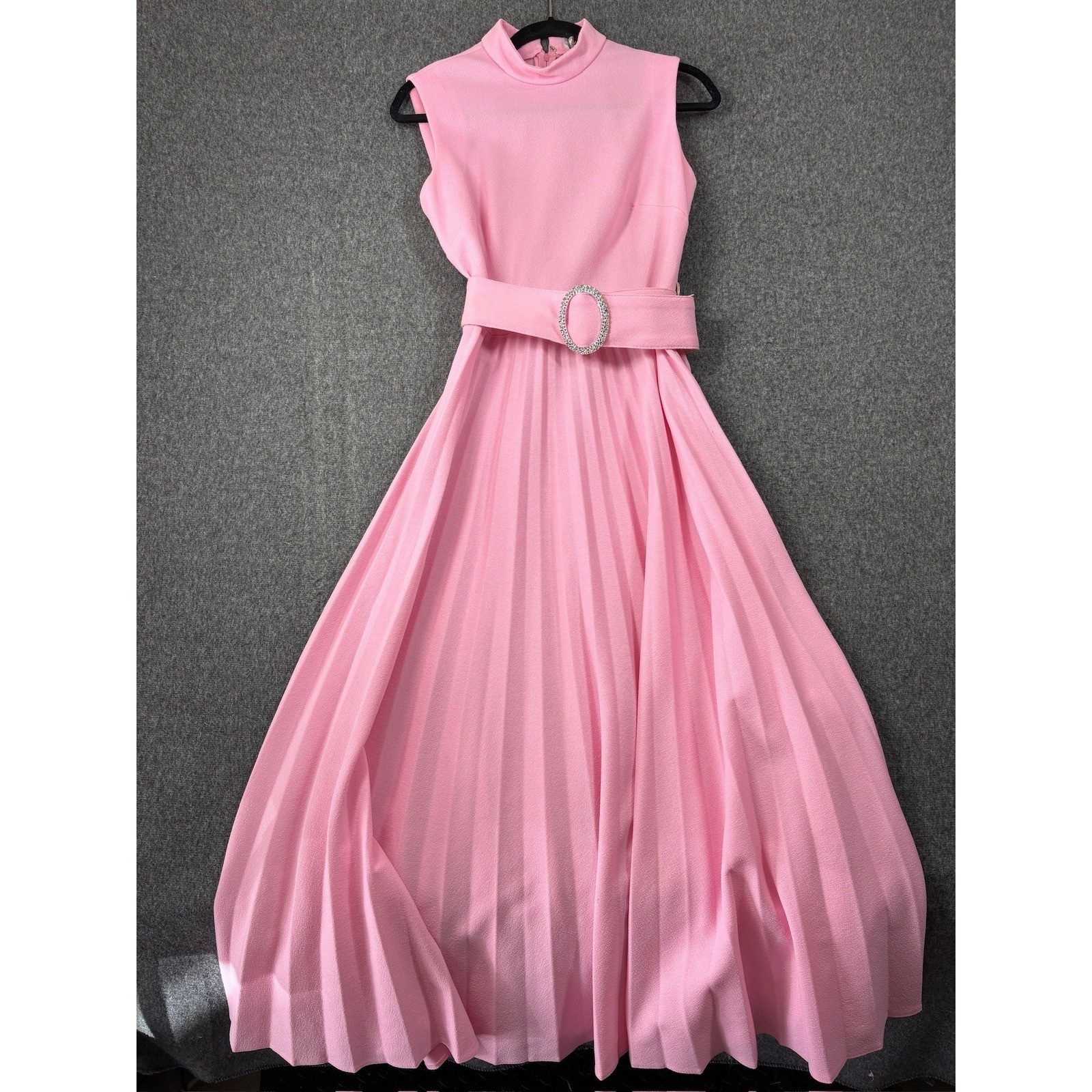Vintage Emmey Fashions Pink Pleated Maxi Dress Rhinestone Belt Mock Neck