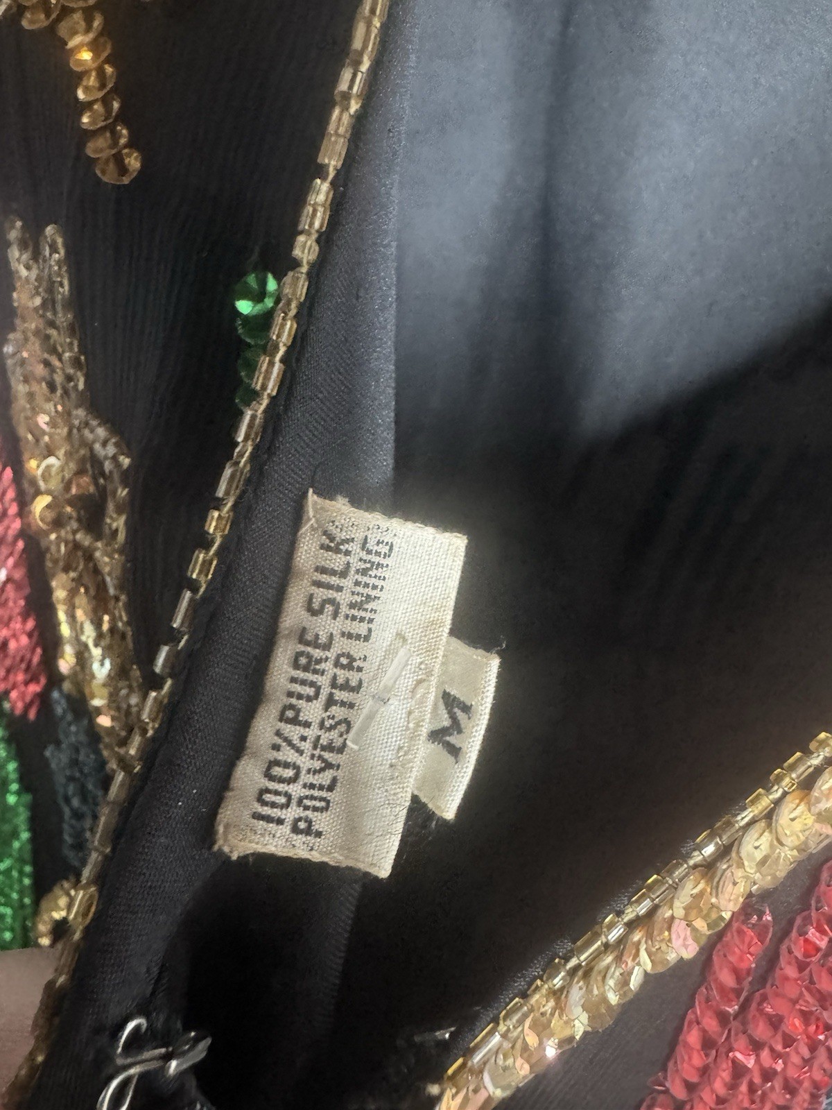 Multi Color Vintage 80s Stars Sequin Beaded Silk Formal Party Dress Medium