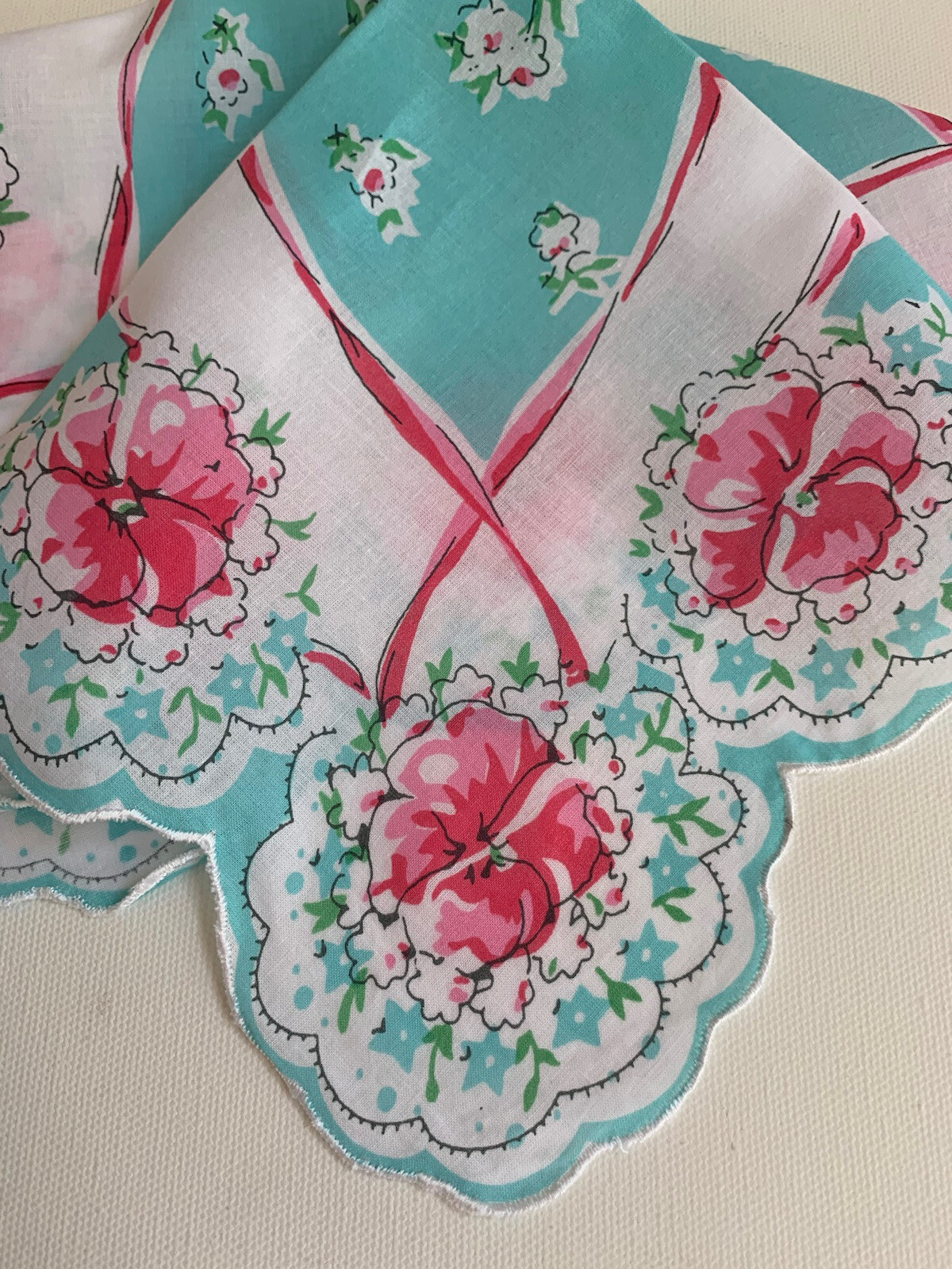 Beautiful New LuRay Handkerchief Hankie! Stunning Aqua & Red Pansy Bouquets !