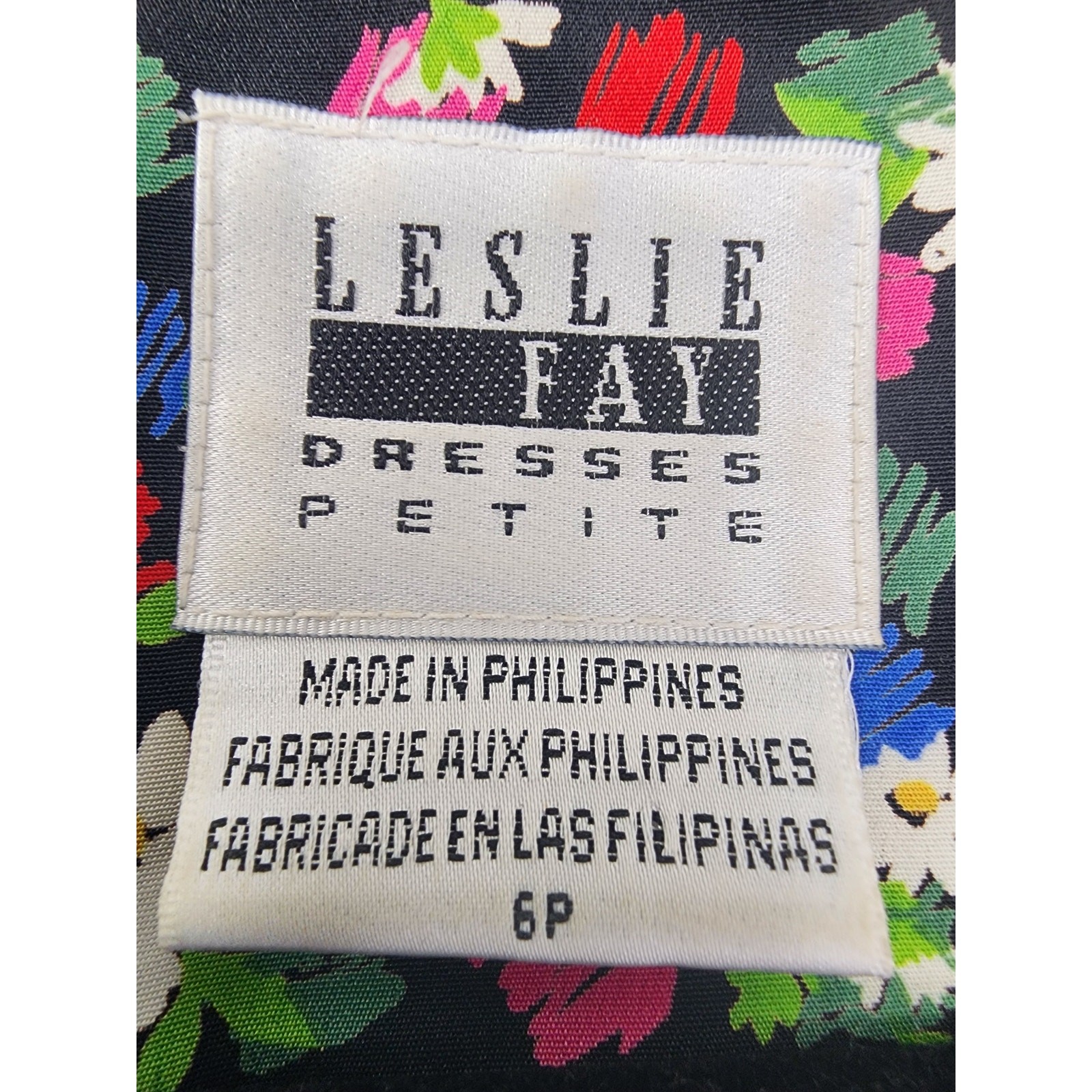 Vintage 80s Leslie Fay Floral Belted Drop Waist Shirt Dress Size 6P Black Office