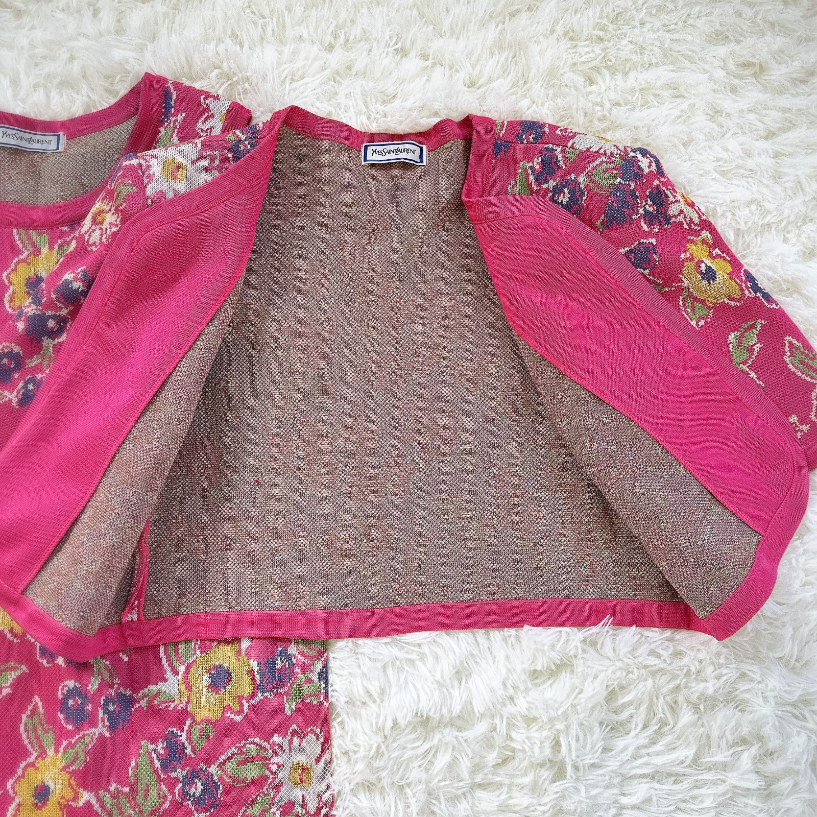 Vintage Yves Saint Laurent Paris Floral Knit Dress Cardigan Set Pink M