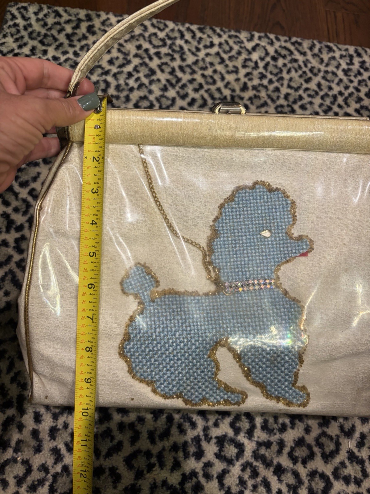 1950s Lucite Clear Plastic Poodle Purse Blue Beaded Dog Handbag MCM kitch
