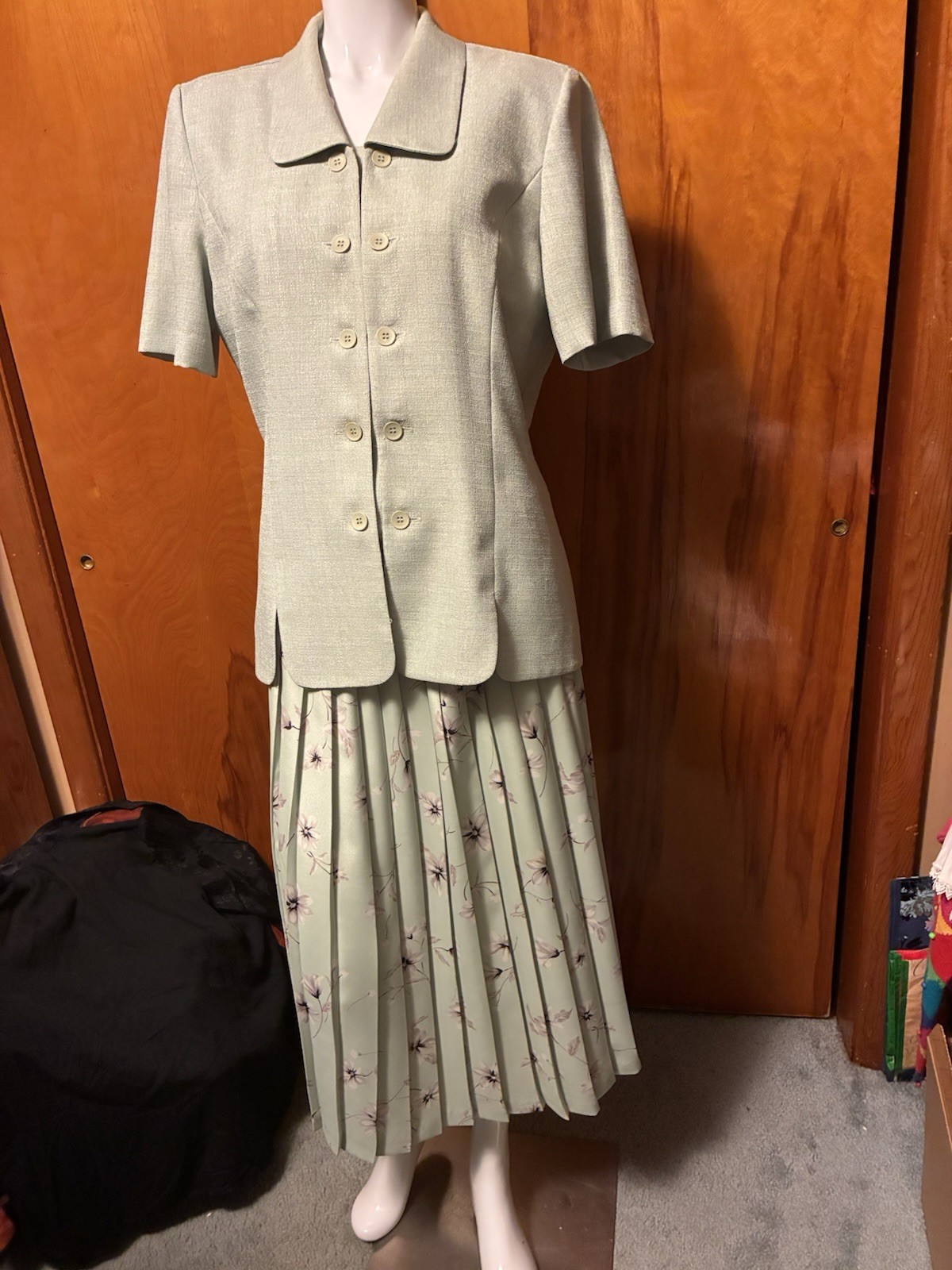 Vtg Leslie Fay 2pc Mint Green Jacket & Floral Pleated (Maxi) Skirt Size 14