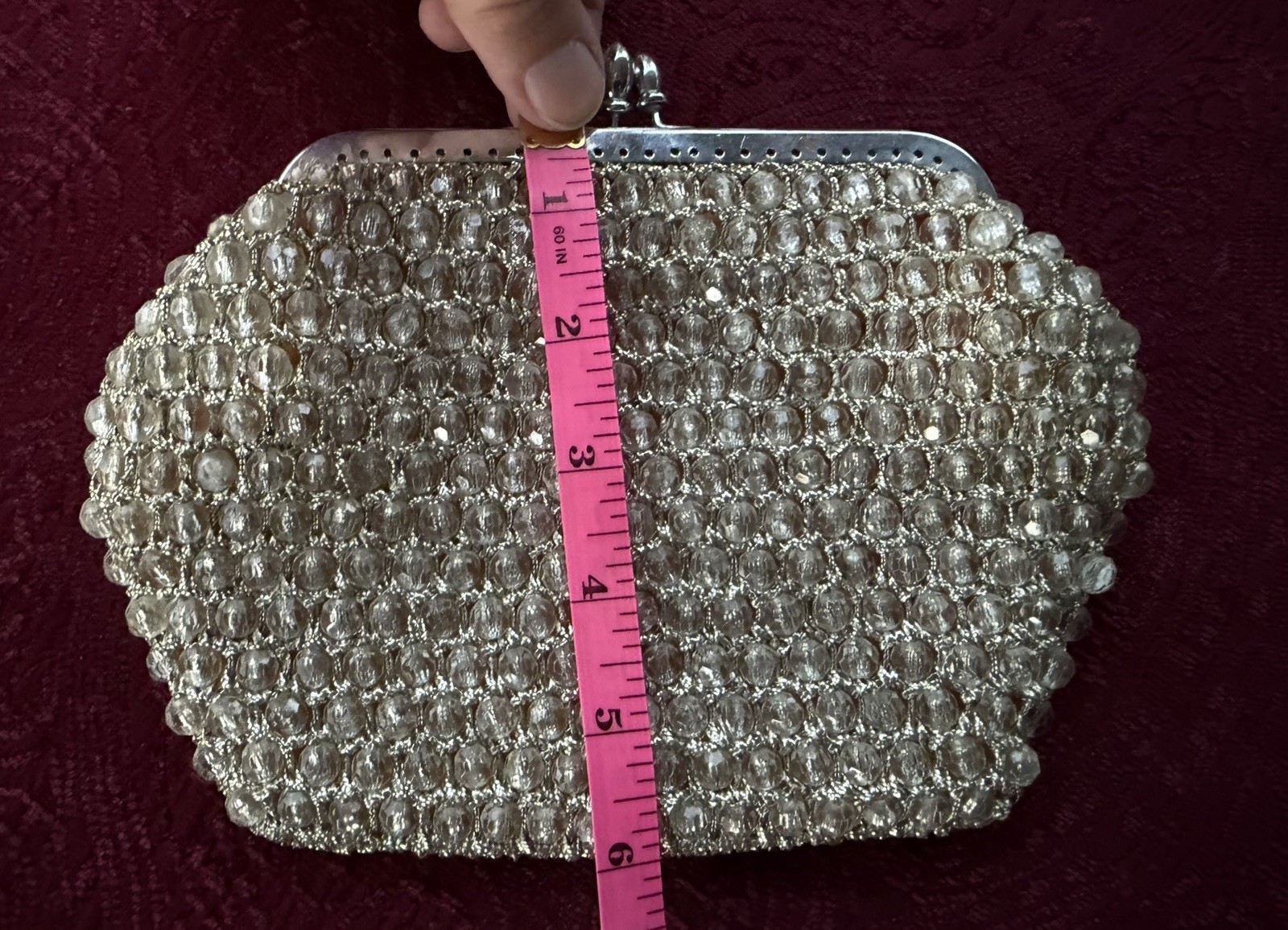 Vintage 1950s 1960s Clear Beaded Kiss Lock Clutch Purse Mid Century Evening Bag