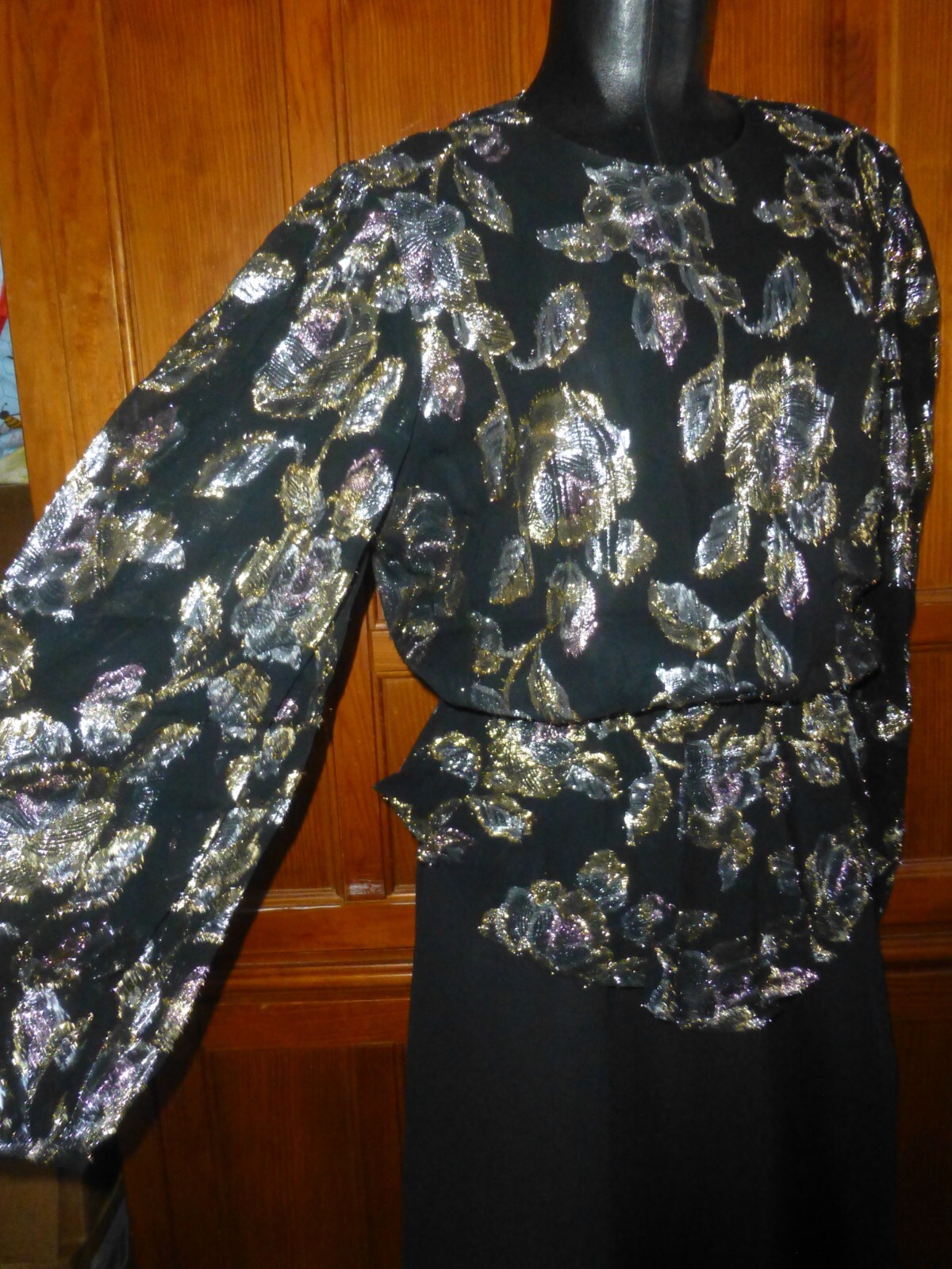 Vtg 80s METALLIC Lurex Lame Burnout Chiffon Balloon Slv Peplum Evening DRESS L