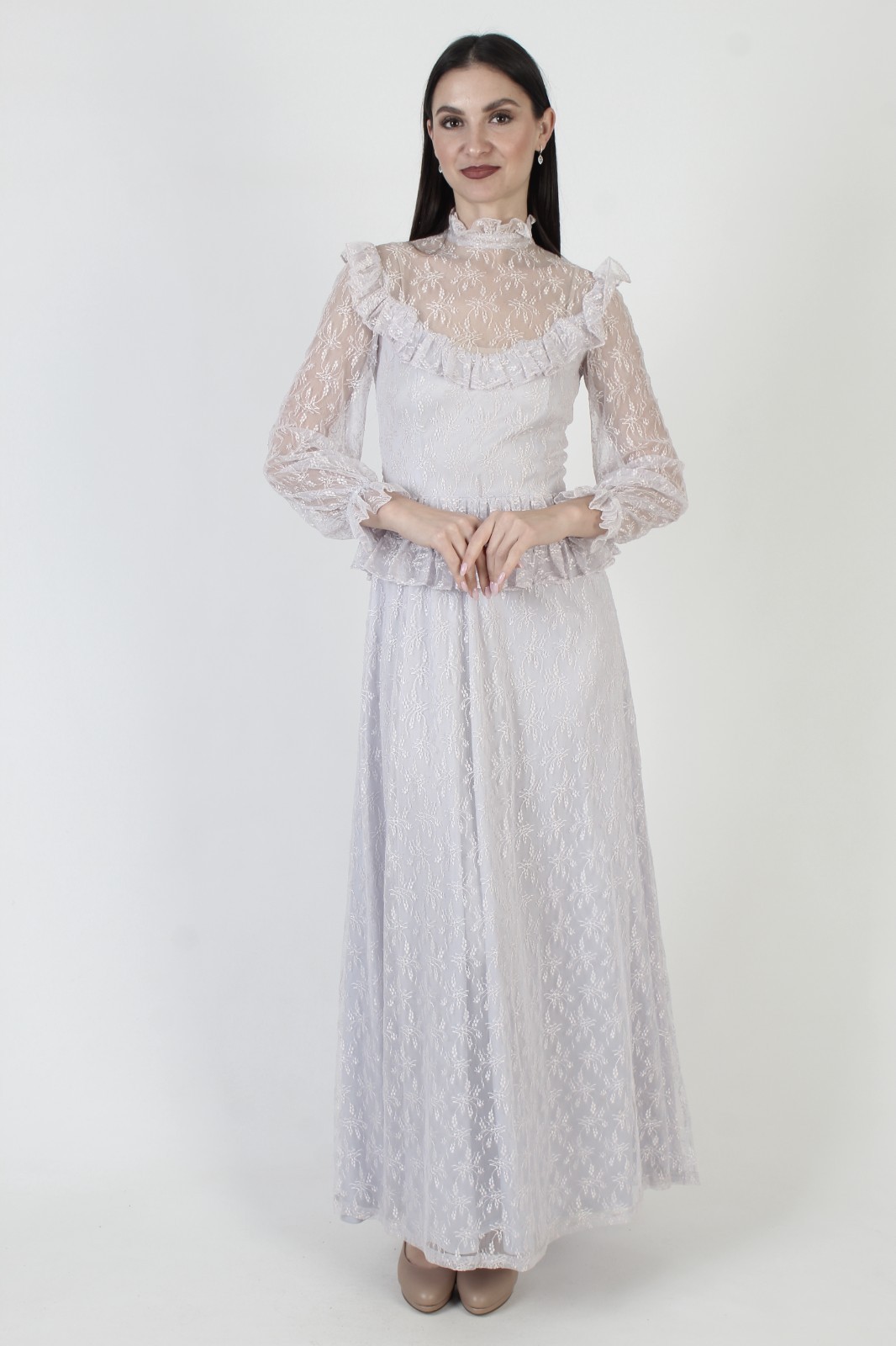 Vtg 70s Violet Peplum Cottagecore Dress Lace Victorian Antique Boho Wedding