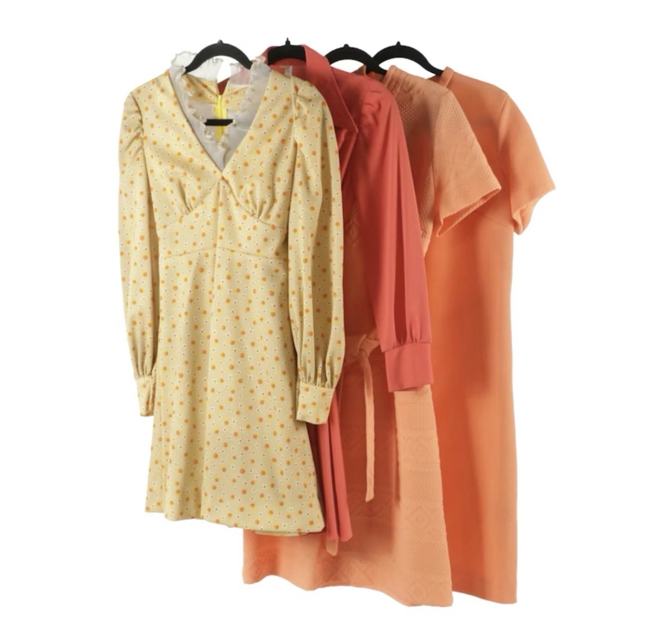 Lot Of 4 1970s Fitted & Shift Dresses – Lorac, VTG UNION LABELS – Peach Colorway