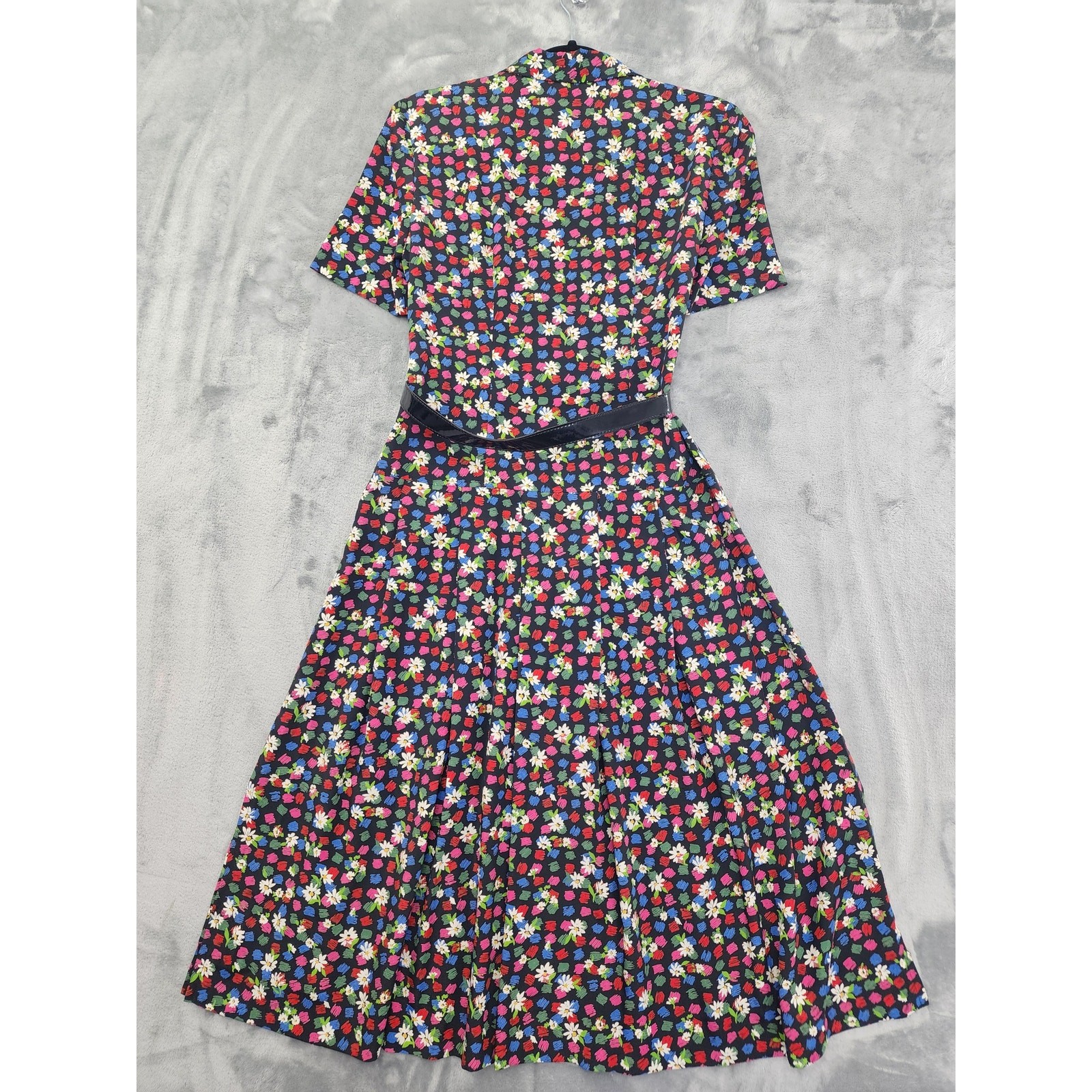 Vintage 80s Leslie Fay Floral Belted Drop Waist Shirt Dress Size 6P Black Office