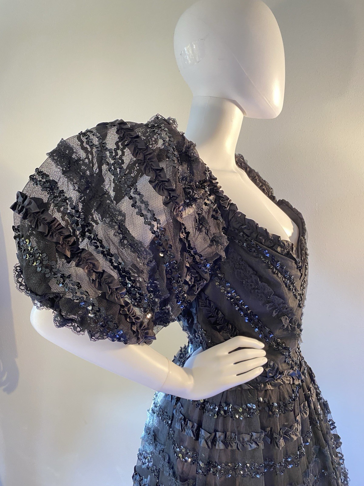 Vintage Lillie Rubin 1970’s Fit And Flair Sequin And Sheer Overlay Gown, Ex Con