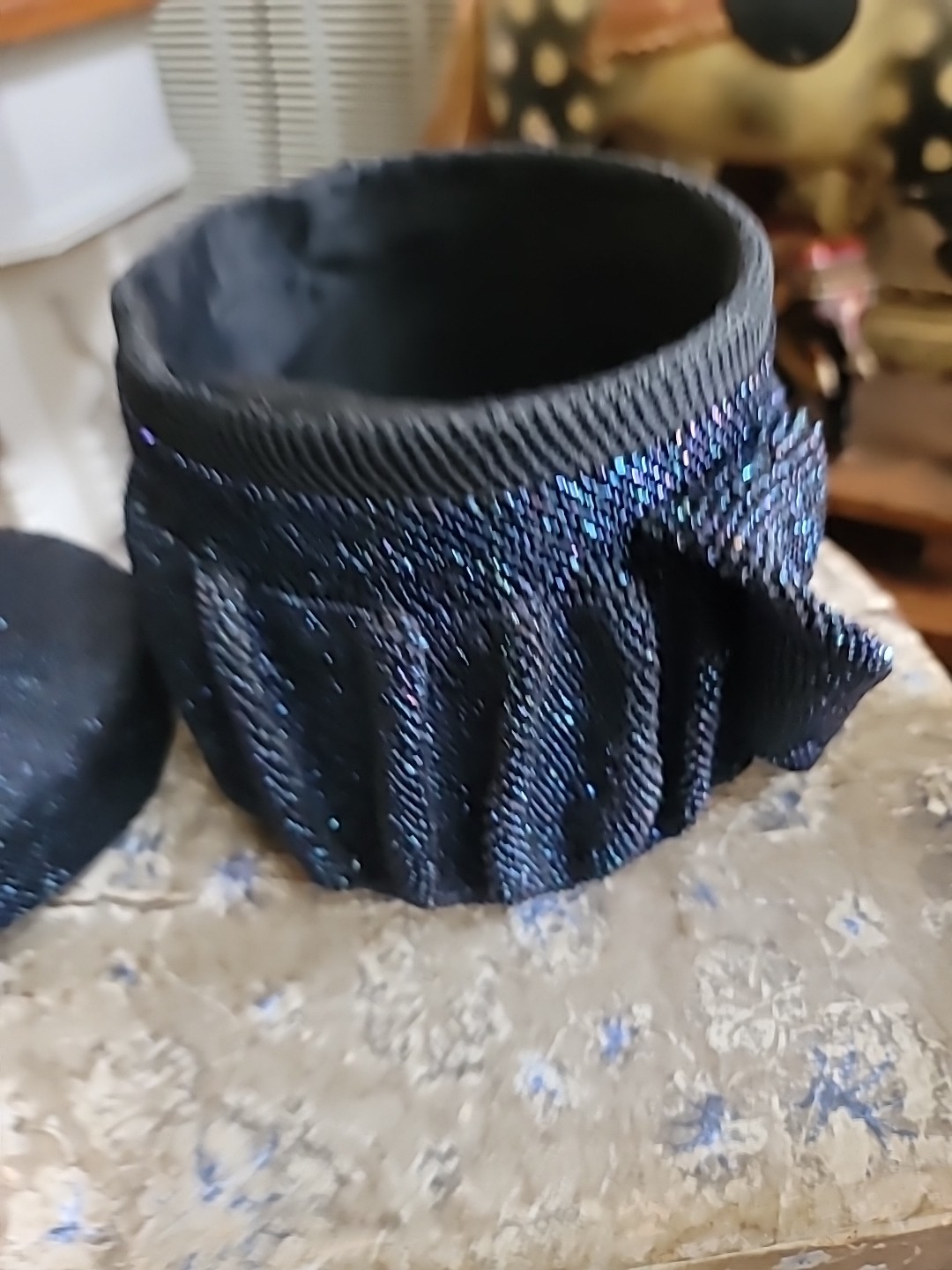 Purse Carnival Glass Beaded Cobalt Blue Black Tiny Beads Strap Handle 1920s