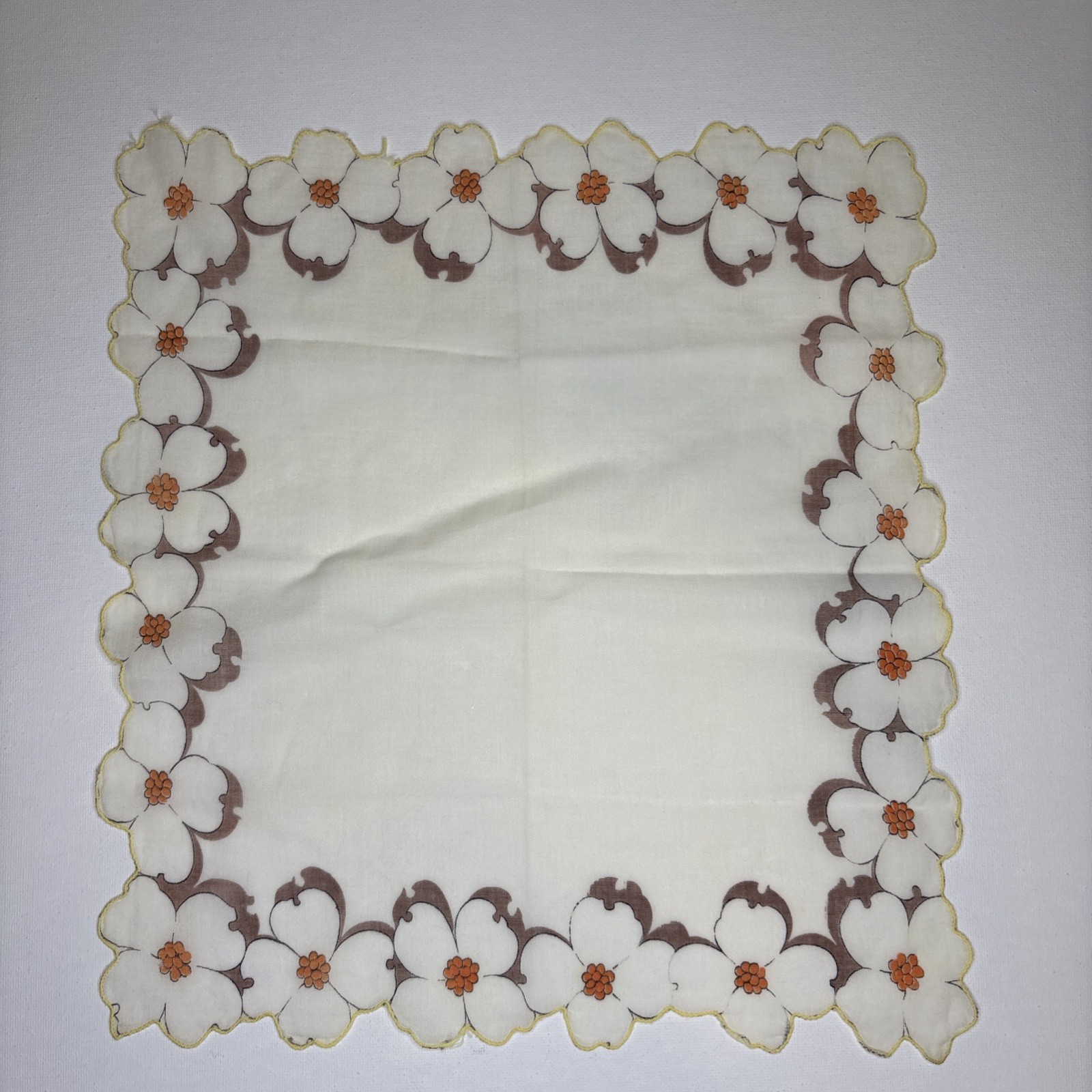 Vintage Handkerchief Floral Orange Brown 11.5” X 10.5” Hanky Hankie