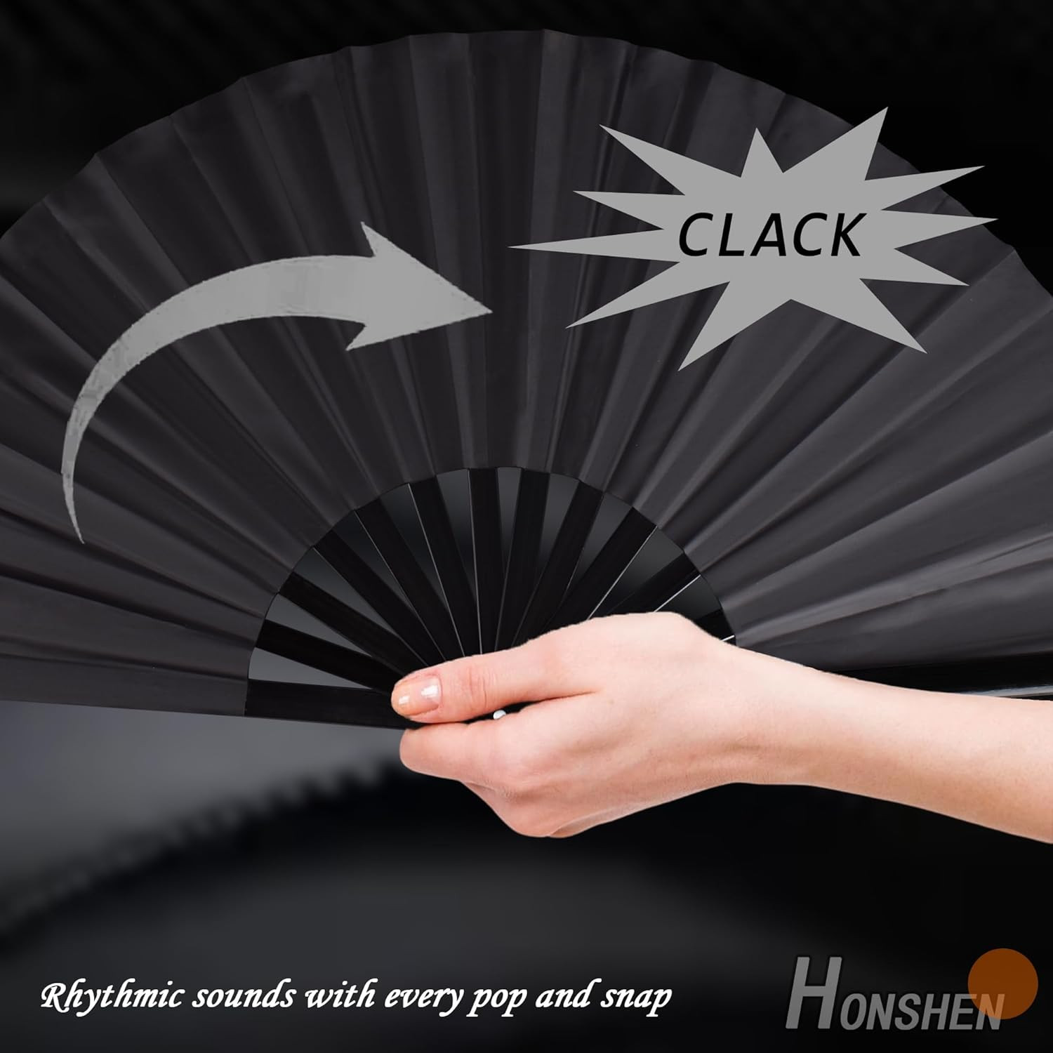 Large Folding Hand Rave Fan for Men Women Dance Gift, Bamboo Nylon-Cloth Black H