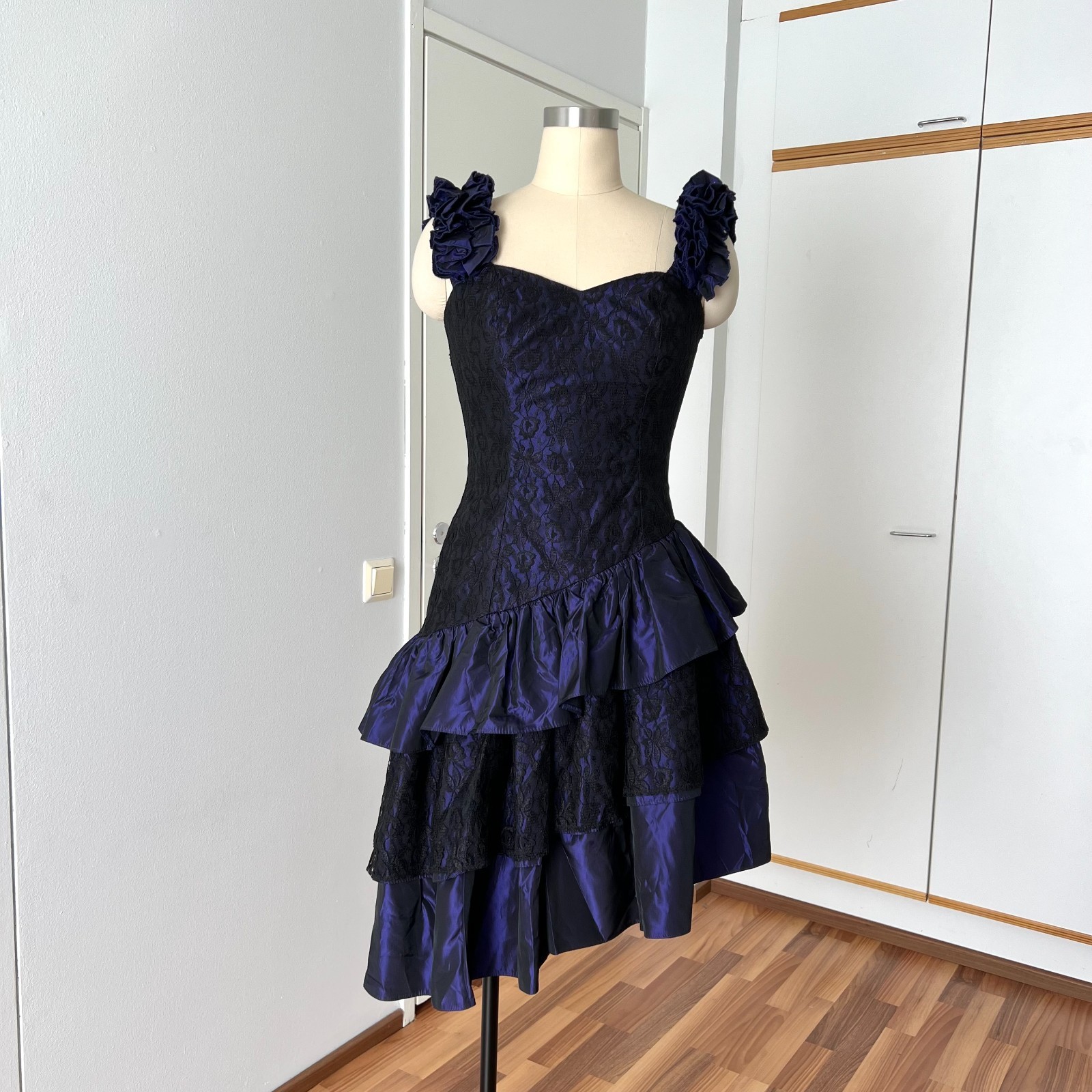 1980s Taffeta Cocktail Party Dress Asymmetrical Hem Cocktail Tiered Evening Gown