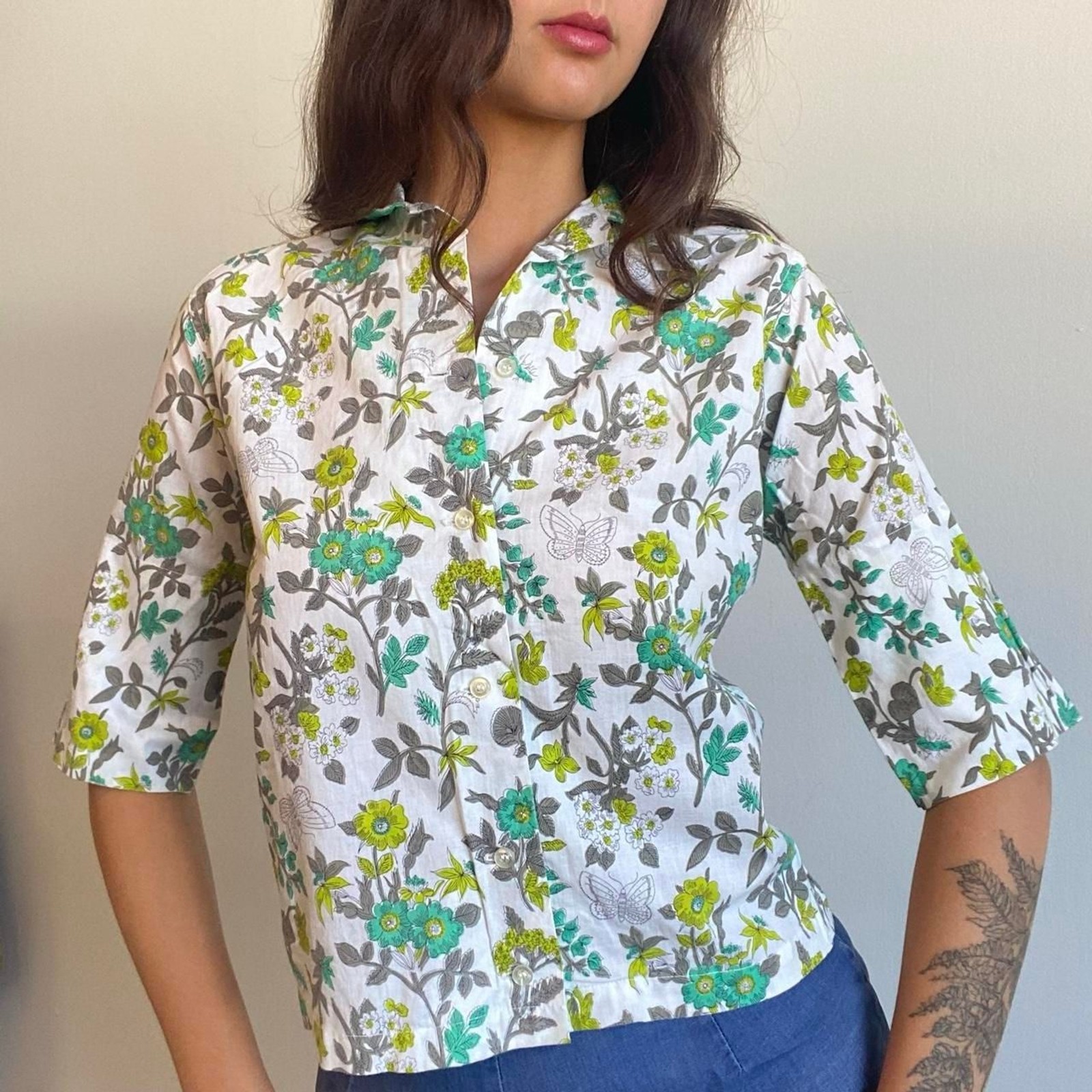 1950s floral butterfly cotton top