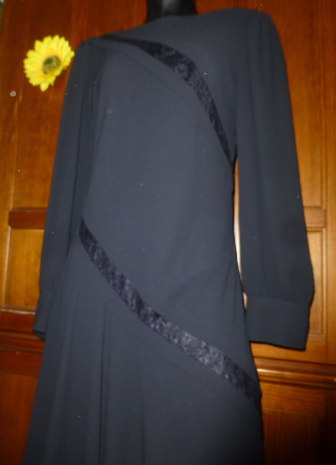 Vintage 80s Pierre CARDIN Boutique Black Crepe Lace Long Slv Midi DRESS sz 12
