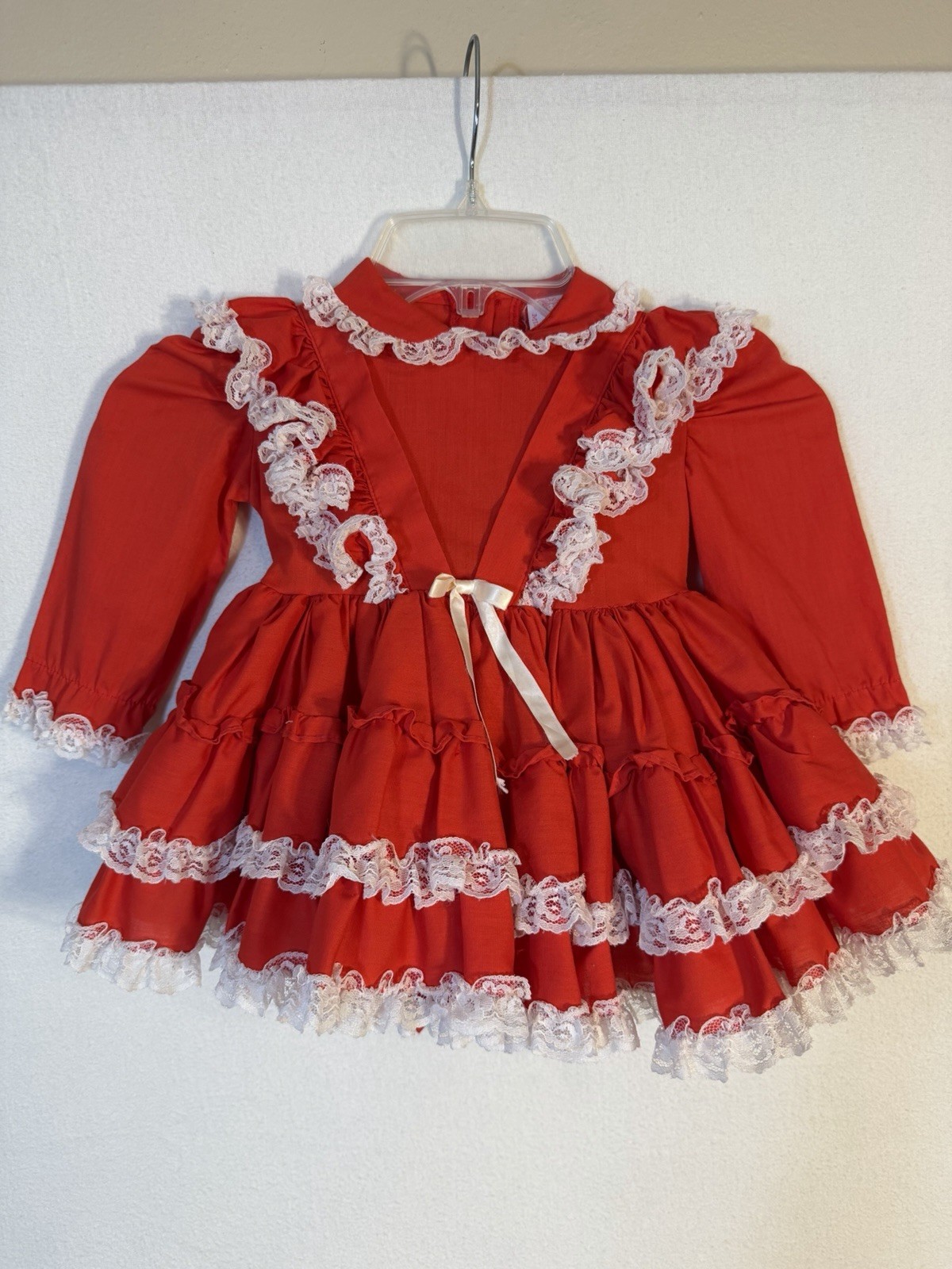 Vintage 1980Miss Quality Girls Red Party Dress White Lace Ruffle Pageant Size 2T