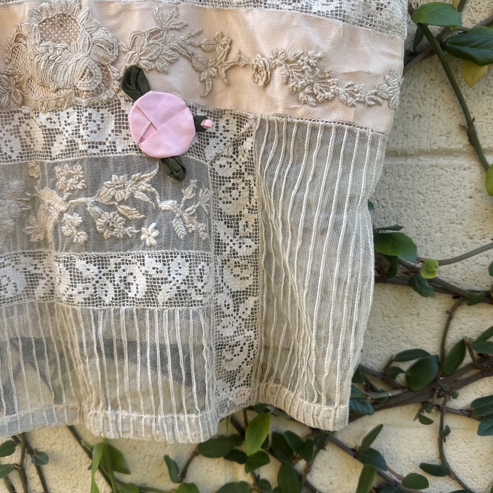 Antique Edwardian Mixed Net Lace Camisole Silk Flowers Dress Blouse Vintage