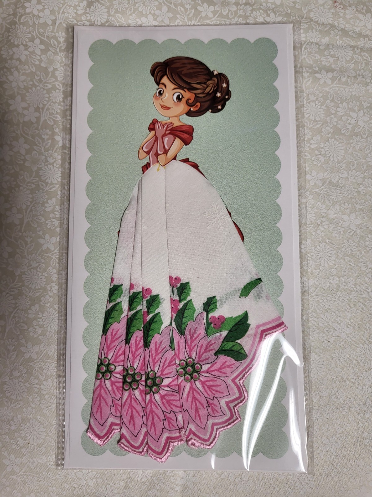 Retro hanky handerchief card; retro, full skirt, any occasion card; pink