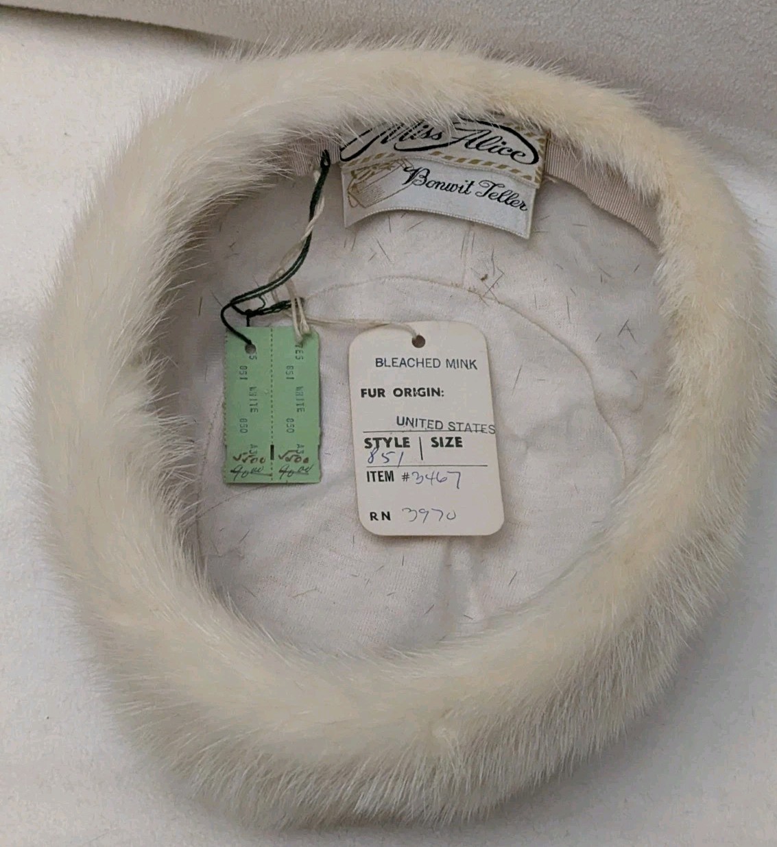 Miss Alice Bonwit Teller Genuine Bleached Mink Fur Pillbox Hat-w Tags Vintage