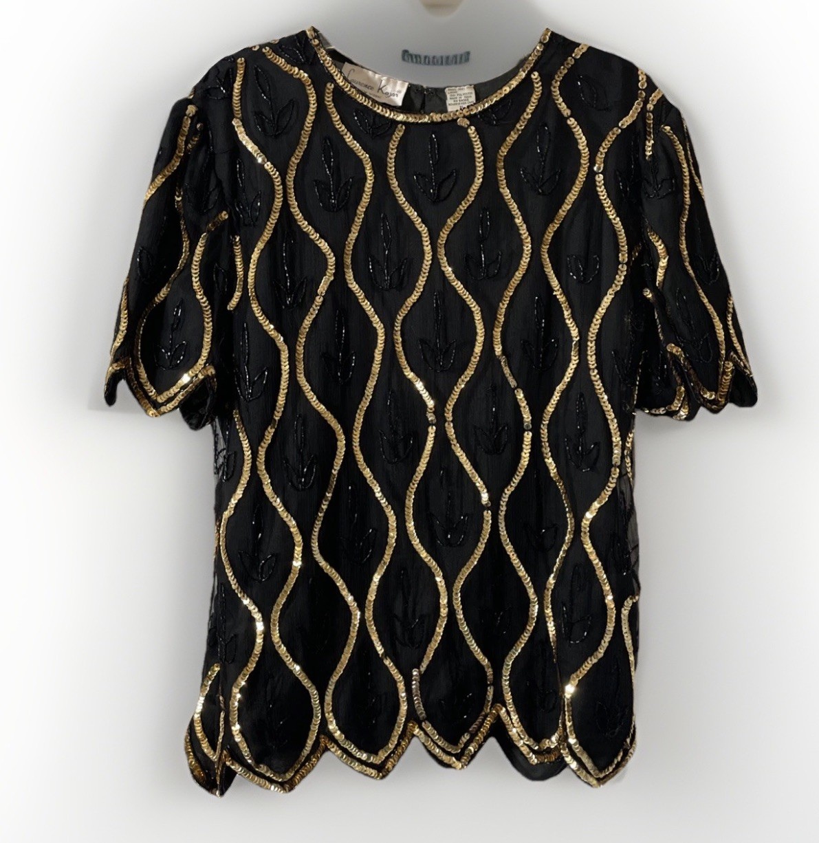 Vintage 80s Silk Sequin Beaded Blouse Top Black Gold Laurence Kazar X Large