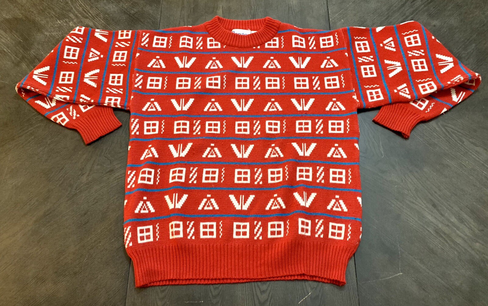 Vintage 80s 90s Repage Sweater Red Geometric Symbols Size Medium M Romania