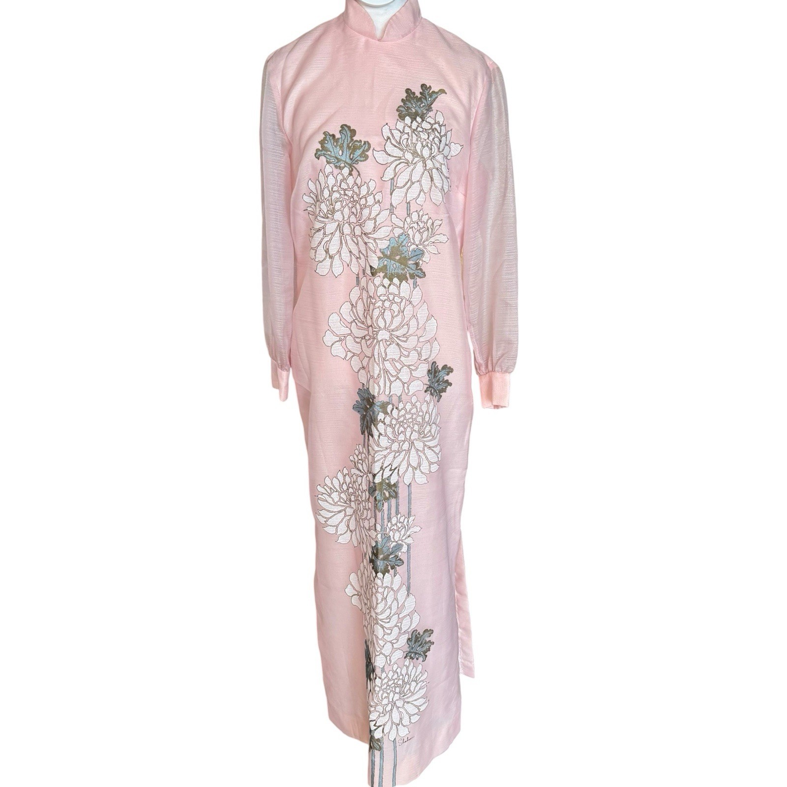 VTG 1970s Alfred Shaheen Hawaiian Maxi Floral Dress Tafetta Long Sleeve Mod