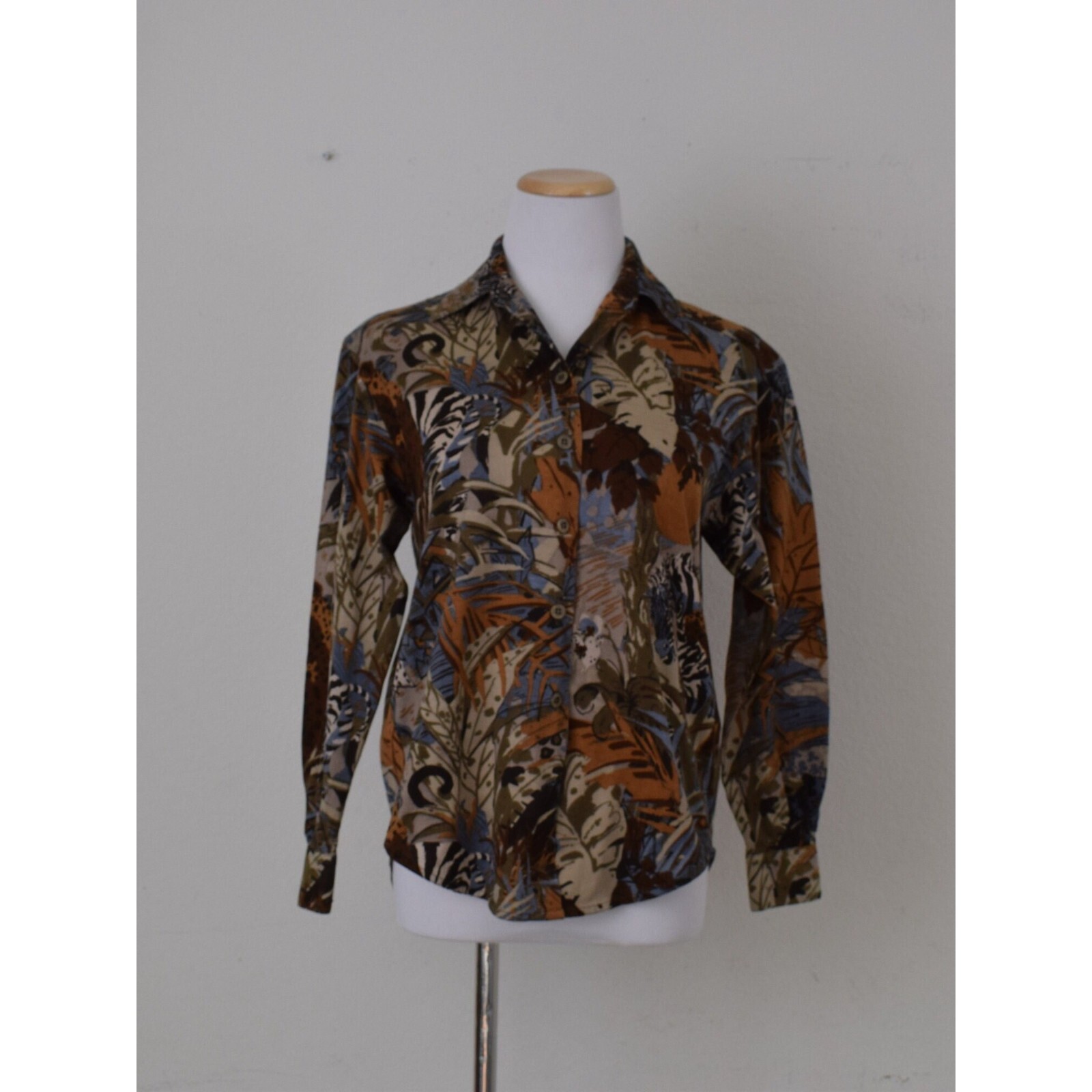 Vintage 70s Jaeger Animal Print Cotton/Baumwolle Long Sleeve Blouse