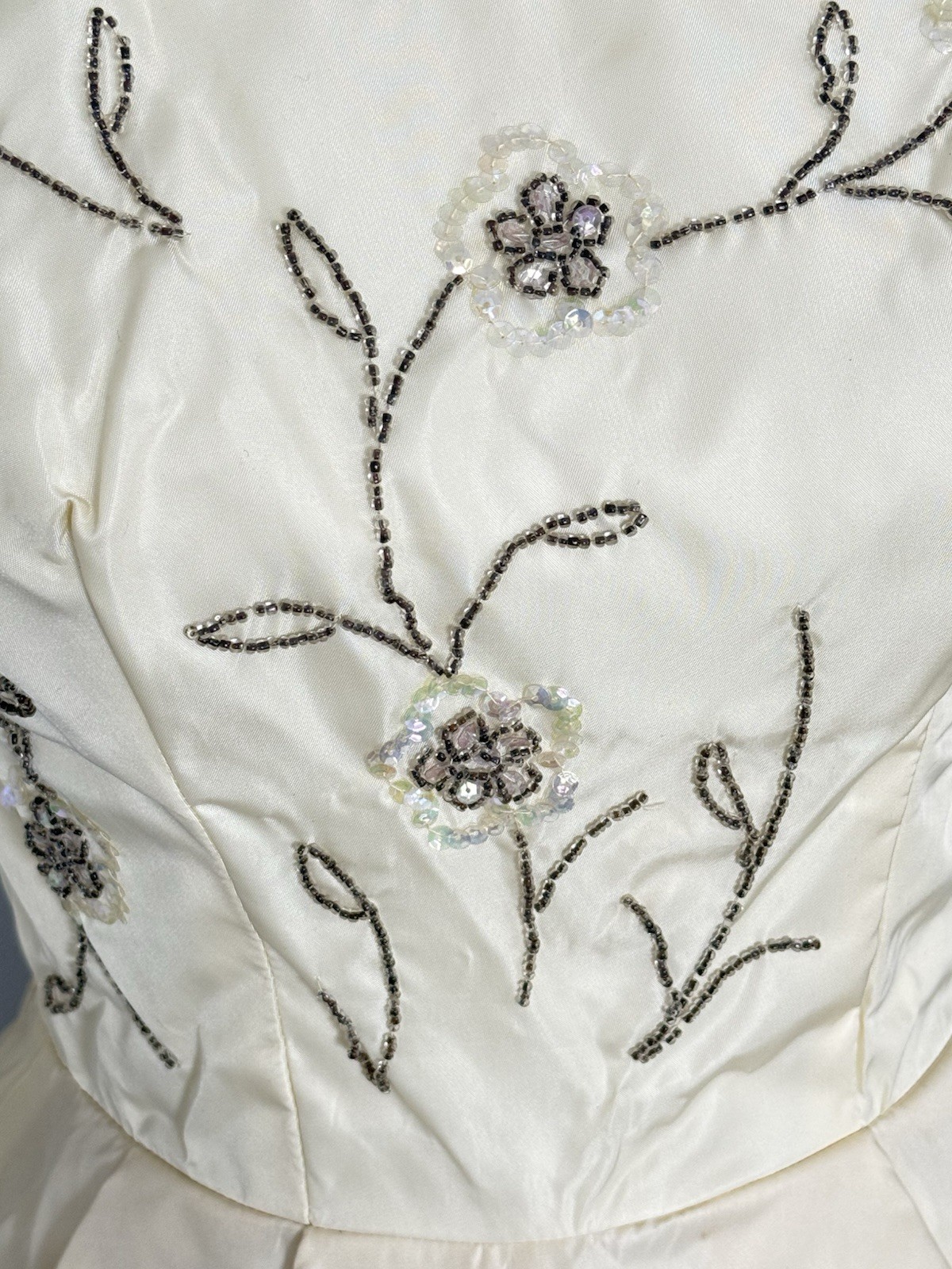 Vintage 1950s Bone Color Fit & Flair Beaded Dress X-SMALL