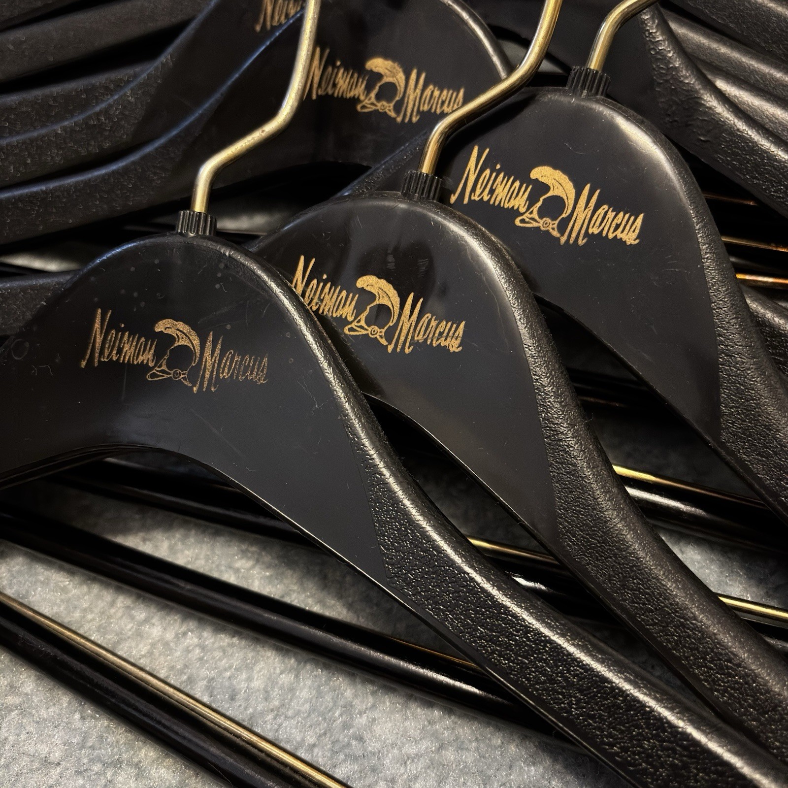 Vtg Neiman Marcus Black Plastic Suit Hangers Gold Logo Metal PRICE PER HANGER