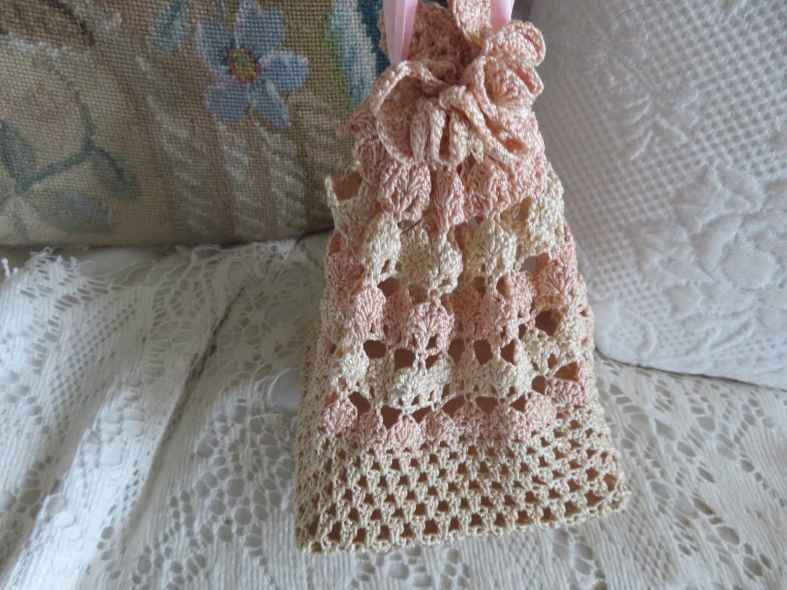2 Vintage Crochet Purses 1 w peacock Celluloid Handle 1Baby Pink Victorian Purse