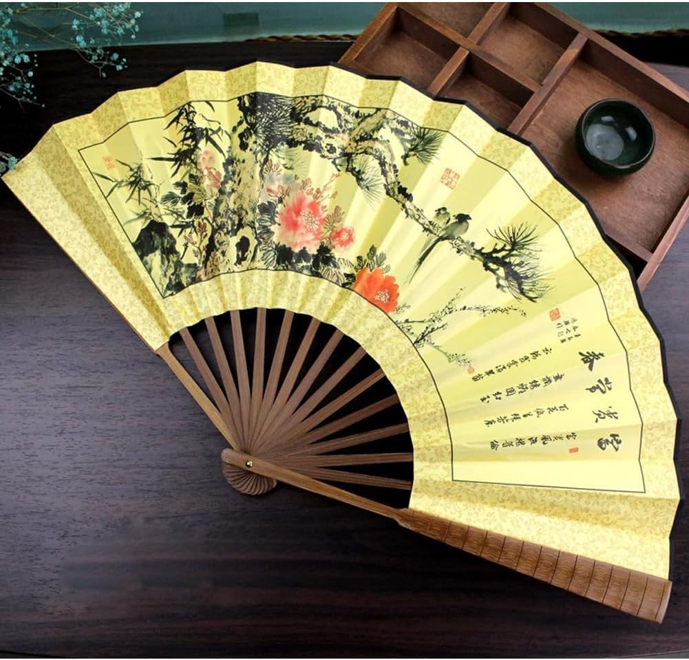 Folding Hand Fan,13 inch Bamboo Fabric Large Hand Fans with Chinese Tradition…