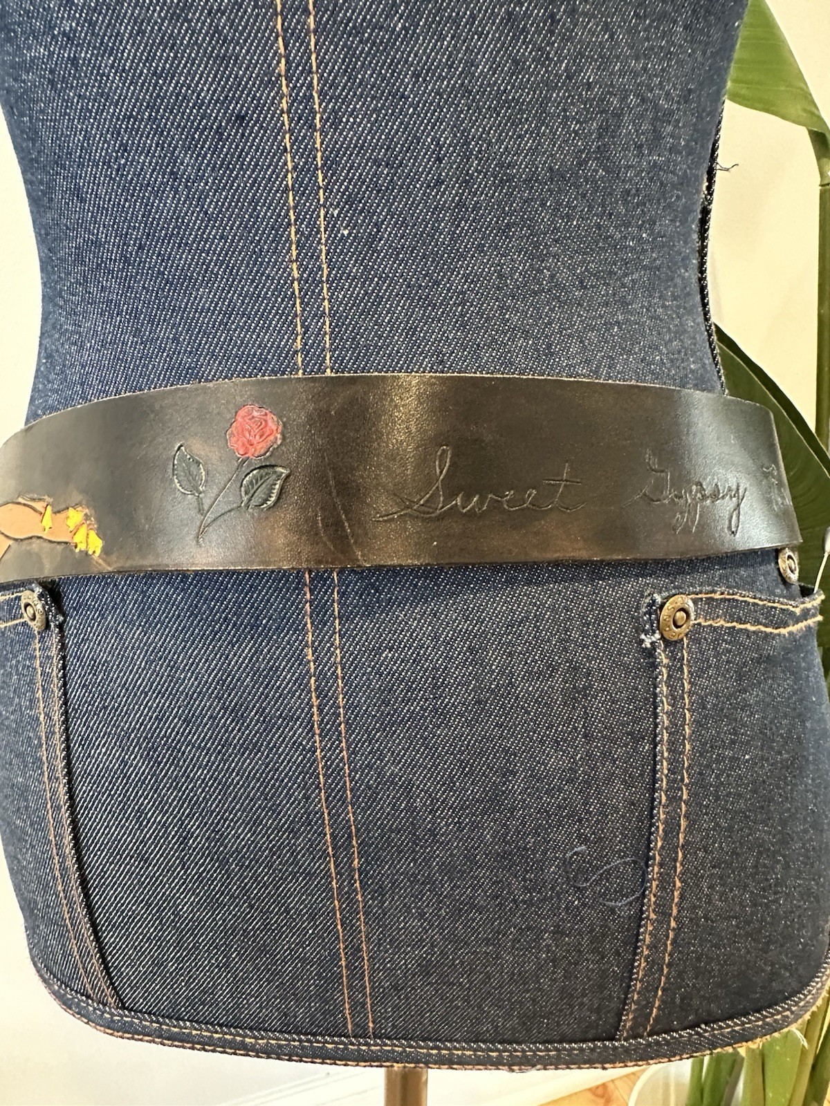 Vtg 70s Sweet Gypsy Rose Naked Woman Tooled Leather Belt OOAK 37in Music Hippie