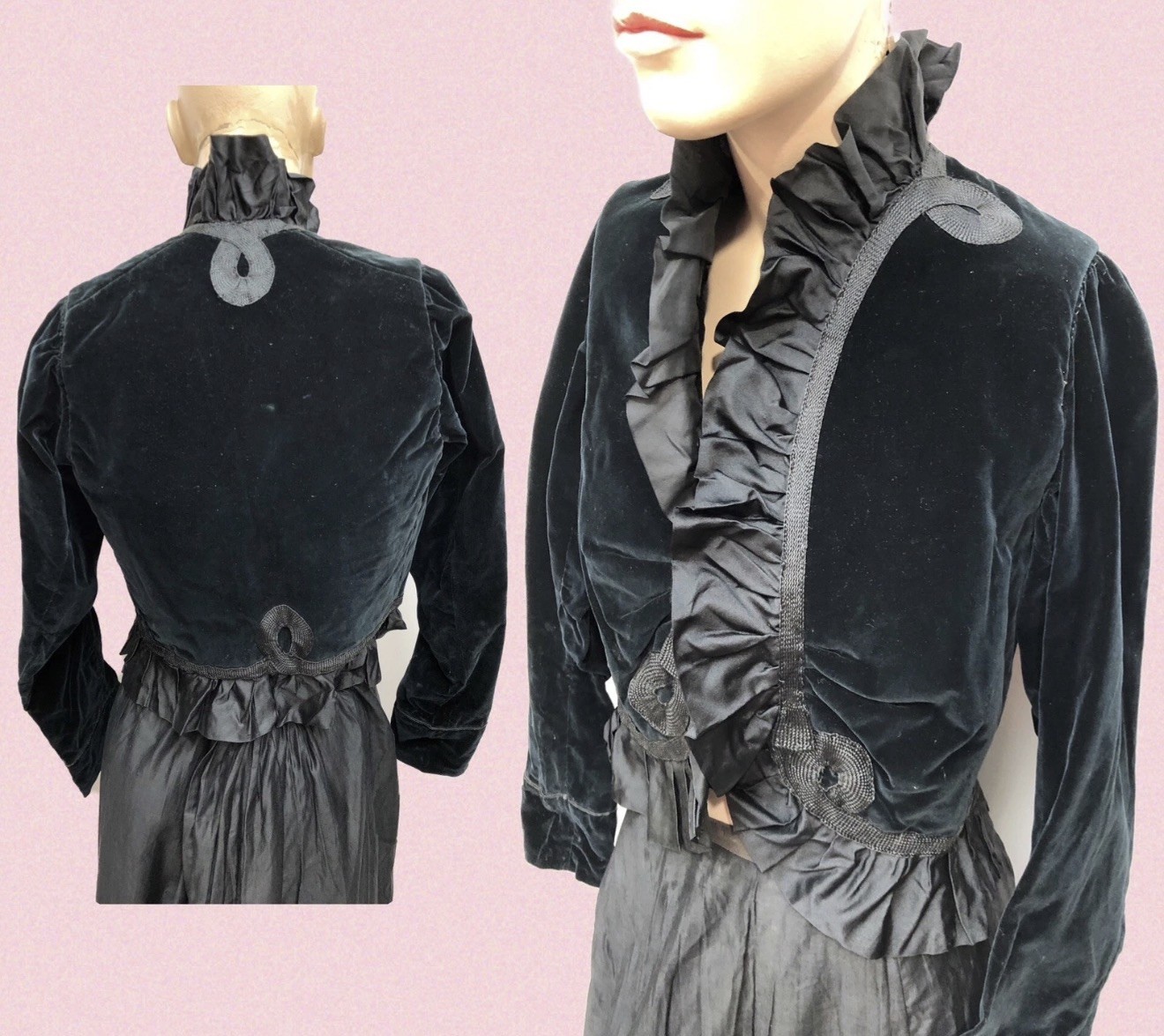 Antique VICTORIAN 1900s Blck Velvet GOTH QUEEN RUFFLED SILK Cord Appliqué Jacket