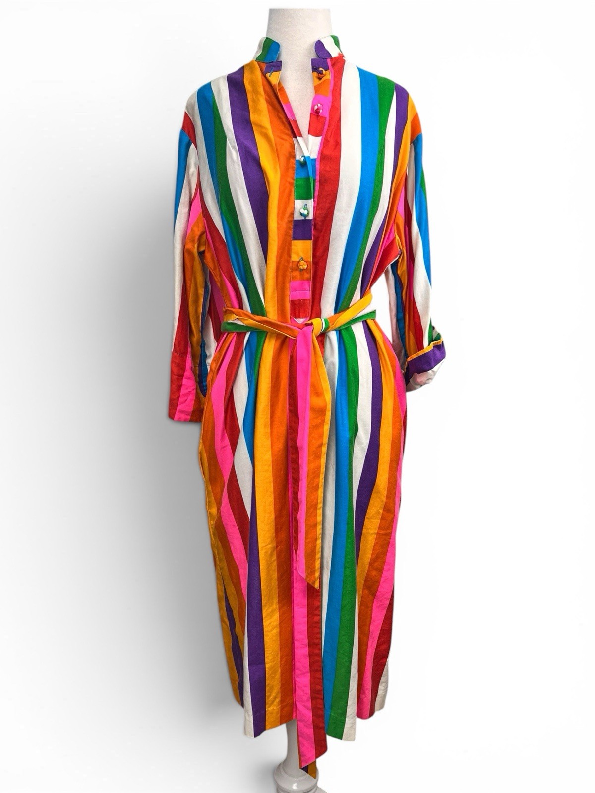 Catherine Ogust Penthouse Gallery 70s Rainbow Cotton Shirt Dress Large Kaftan
