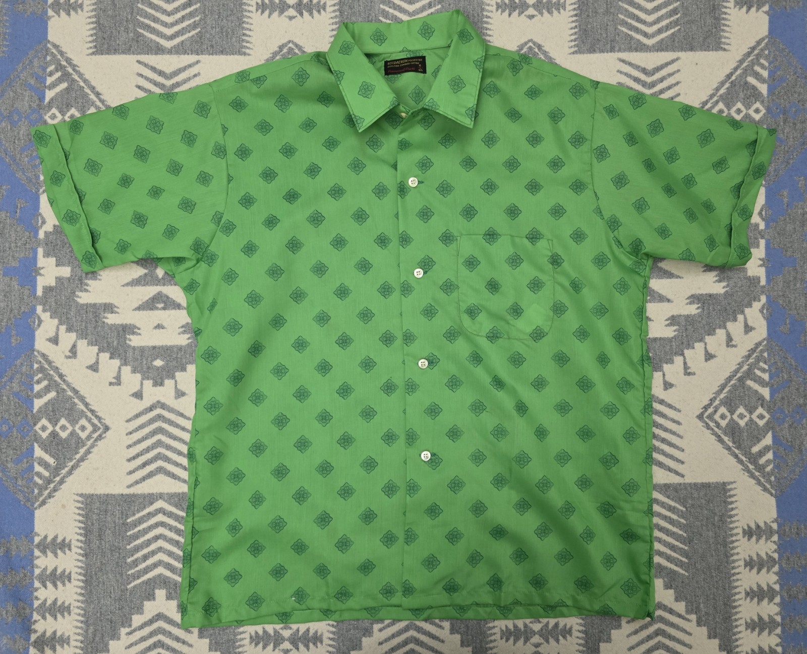 Vintage 60s 70s Green Dacron Polyester Cotton Mod Disco Shirt Mens L Geometric