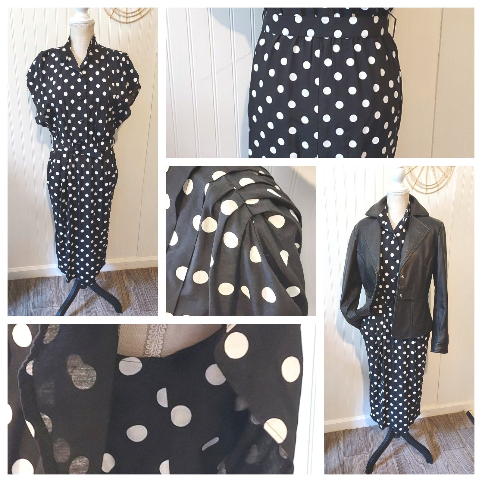 Vintage 80s Polka Dot Midi Dress Black White Pleated Shoulder Short Sleeve S Med