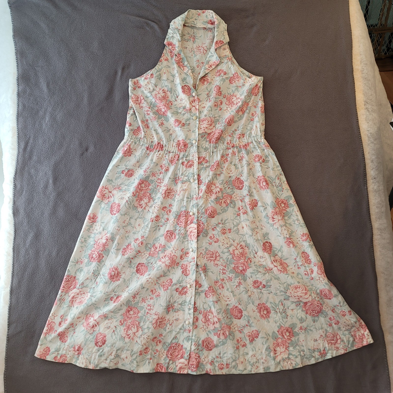 Vintage 80s Floral Maxi Dress Pink Roses Cottagecore Button Front Handmade M L