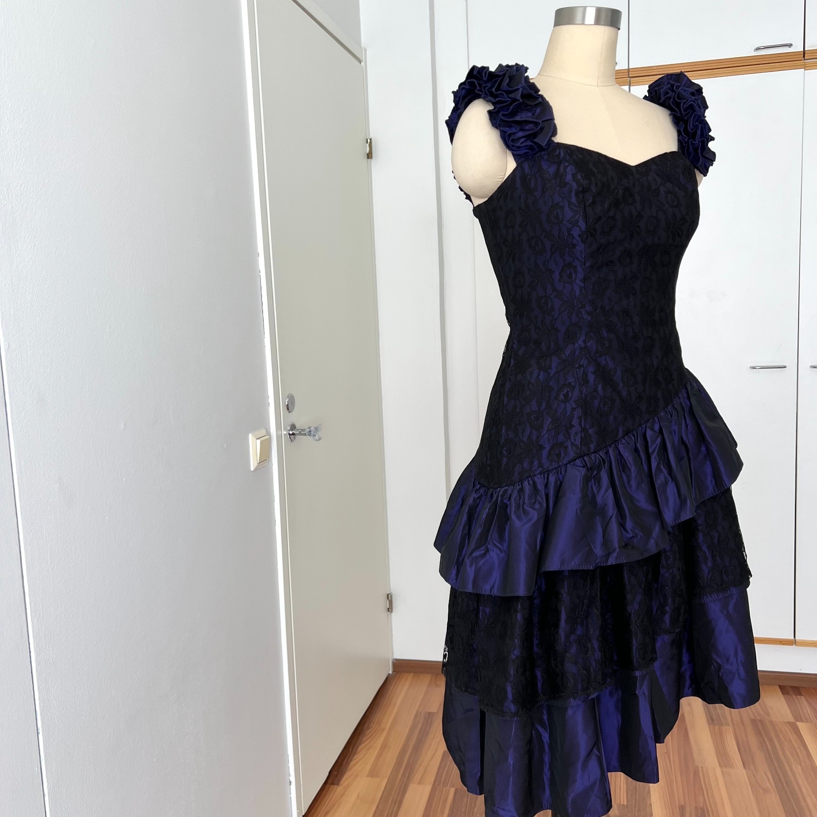 1980s Taffeta Cocktail Party Dress Asymmetrical Hem Cocktail Tiered Evening Gown