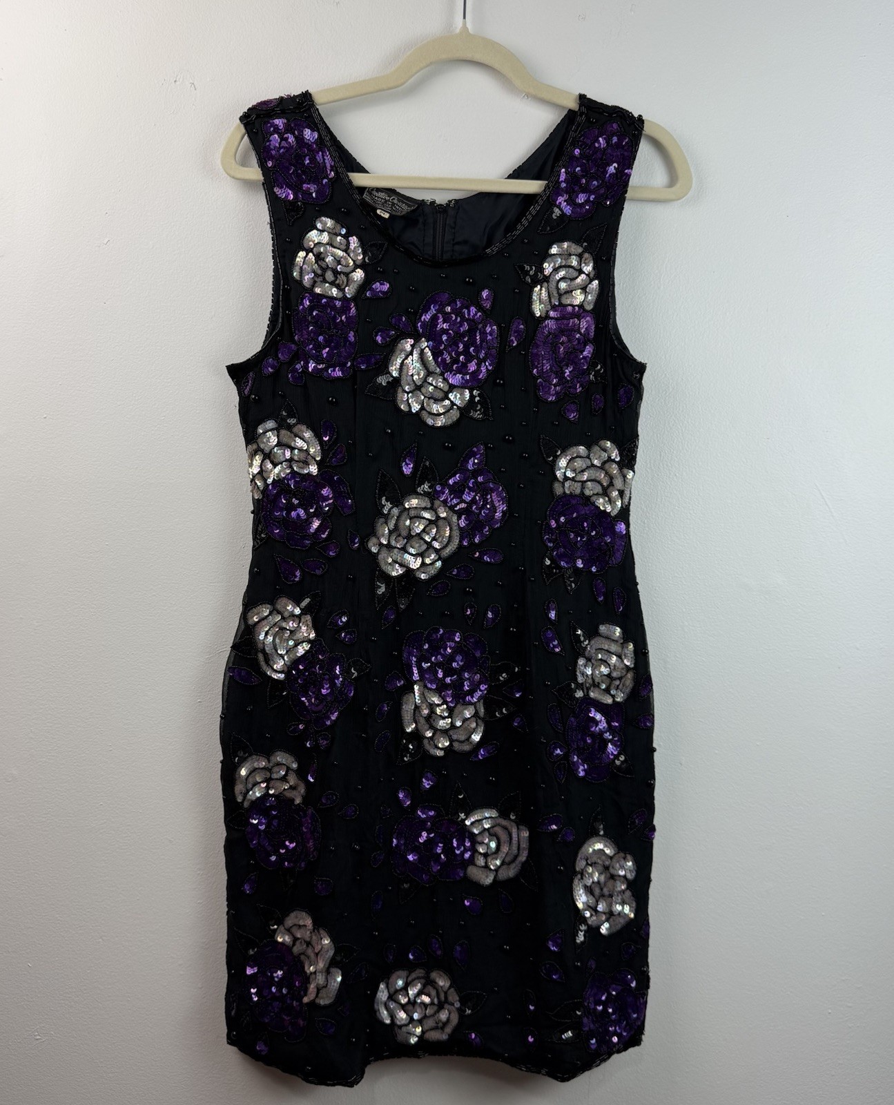 Vintage Creative Creations Silk Beaded Sequin Dress Size M Black Floral *READ