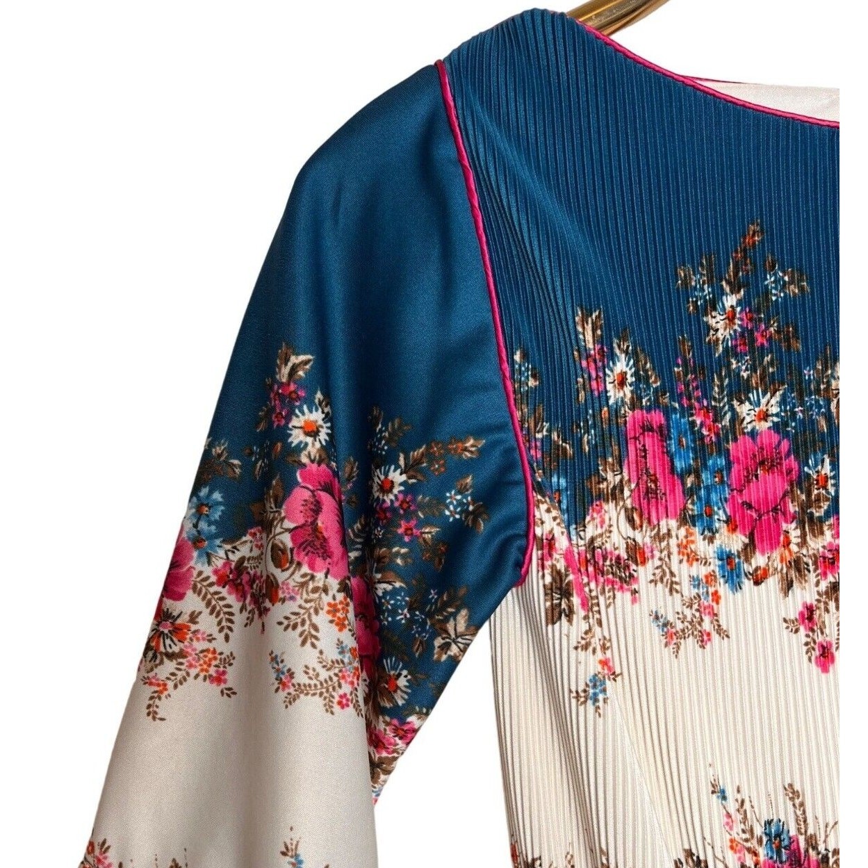 Vintage 70s Piccolo Floral Dress Plisse Bodice Cotton Blend Disco Womens 4