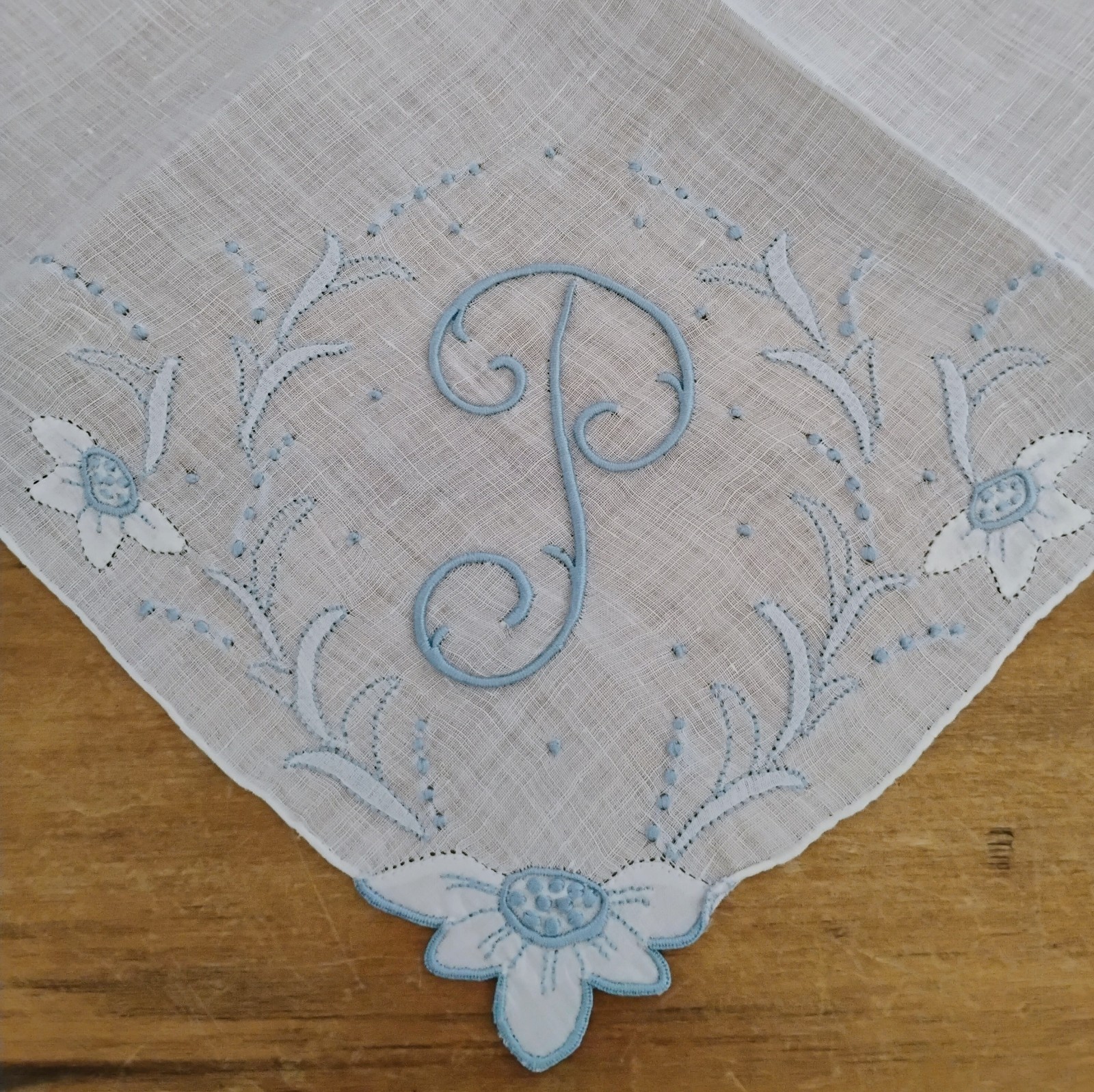 Vgt P Monogram Blue Embroidery White Linen Hankie Handkerchief