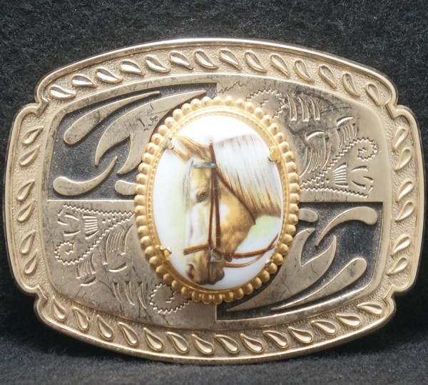 XG25117 *NOS* VINTAGE 1970s ***HORSE HEAD*** ANIMAL WOMENS GOLDTONE BELT BUCKLE