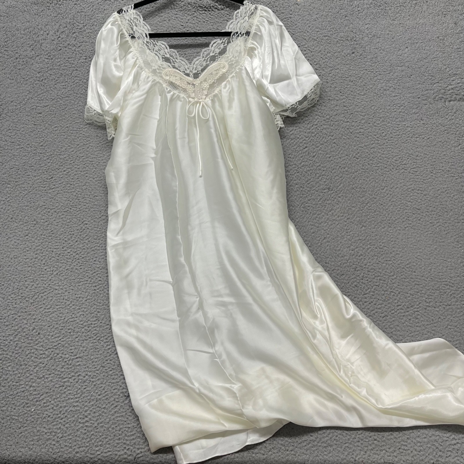 Vtg Go Softly Nightgown Womens L White Lace Satin Floral Bridal Retro Wedding