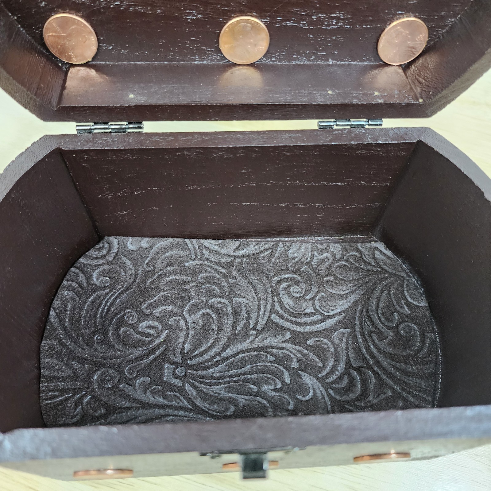 Handmade Wooden Purse Box Copper Penny Decor Beaded Handle Rustic Storage Chest