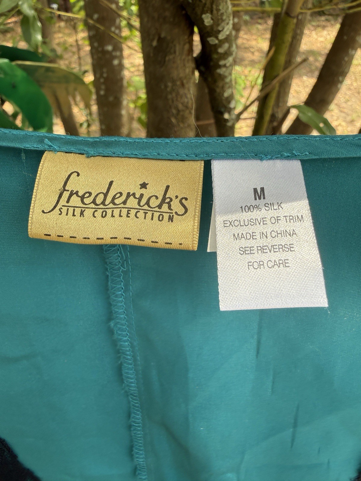 Vintage Frederick’s Silk Collection 100% Silk Wrap Blouse M Teal Lace Soft Boho