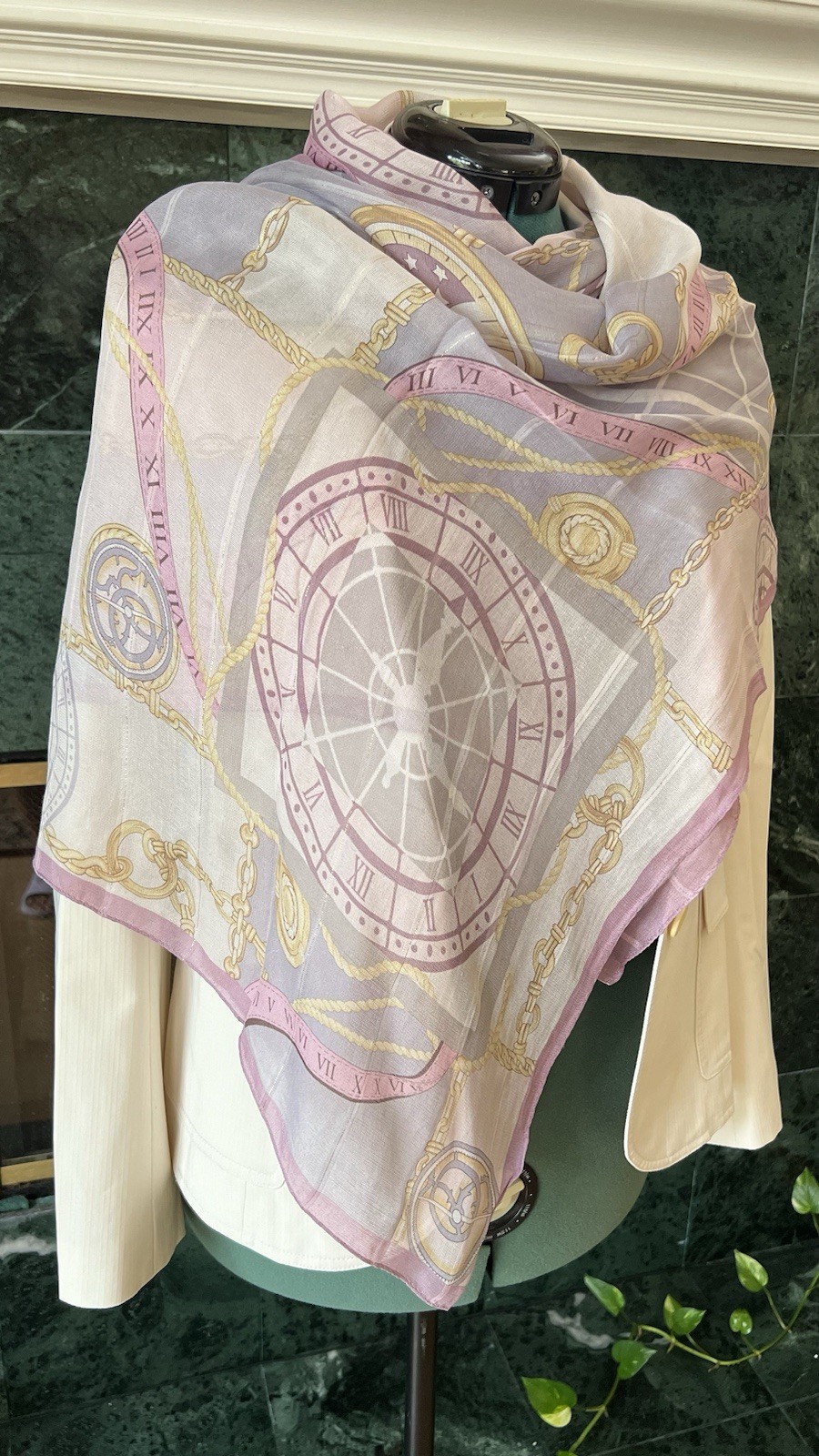 Renoma Vintage Silk Scarf Pink Lavender Clock Print Shawl Wrap Gold Metallic Gor