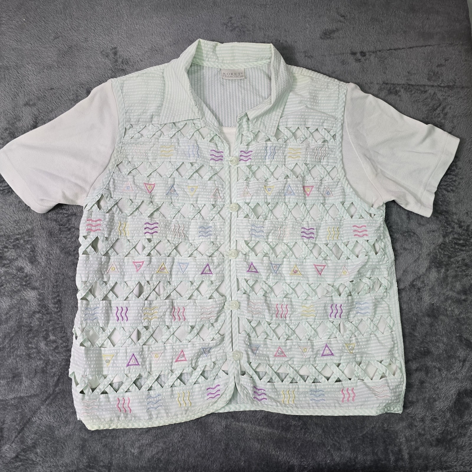 Vintage Lattice Cutwork Blouse Womens M Embroidered Seersucker