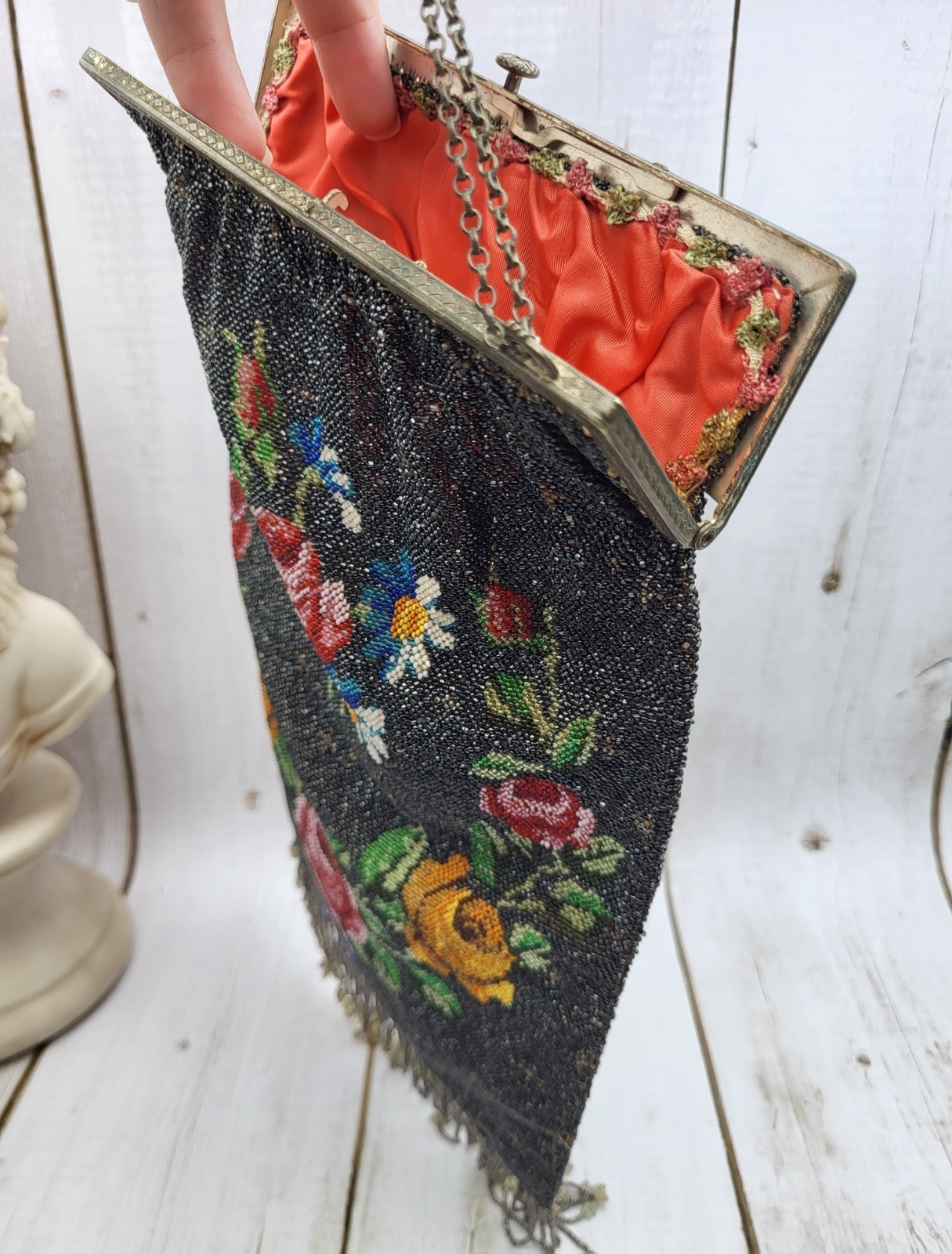 Large 13″ Antique Art Nouveau Floral Beaded Purse Handbag