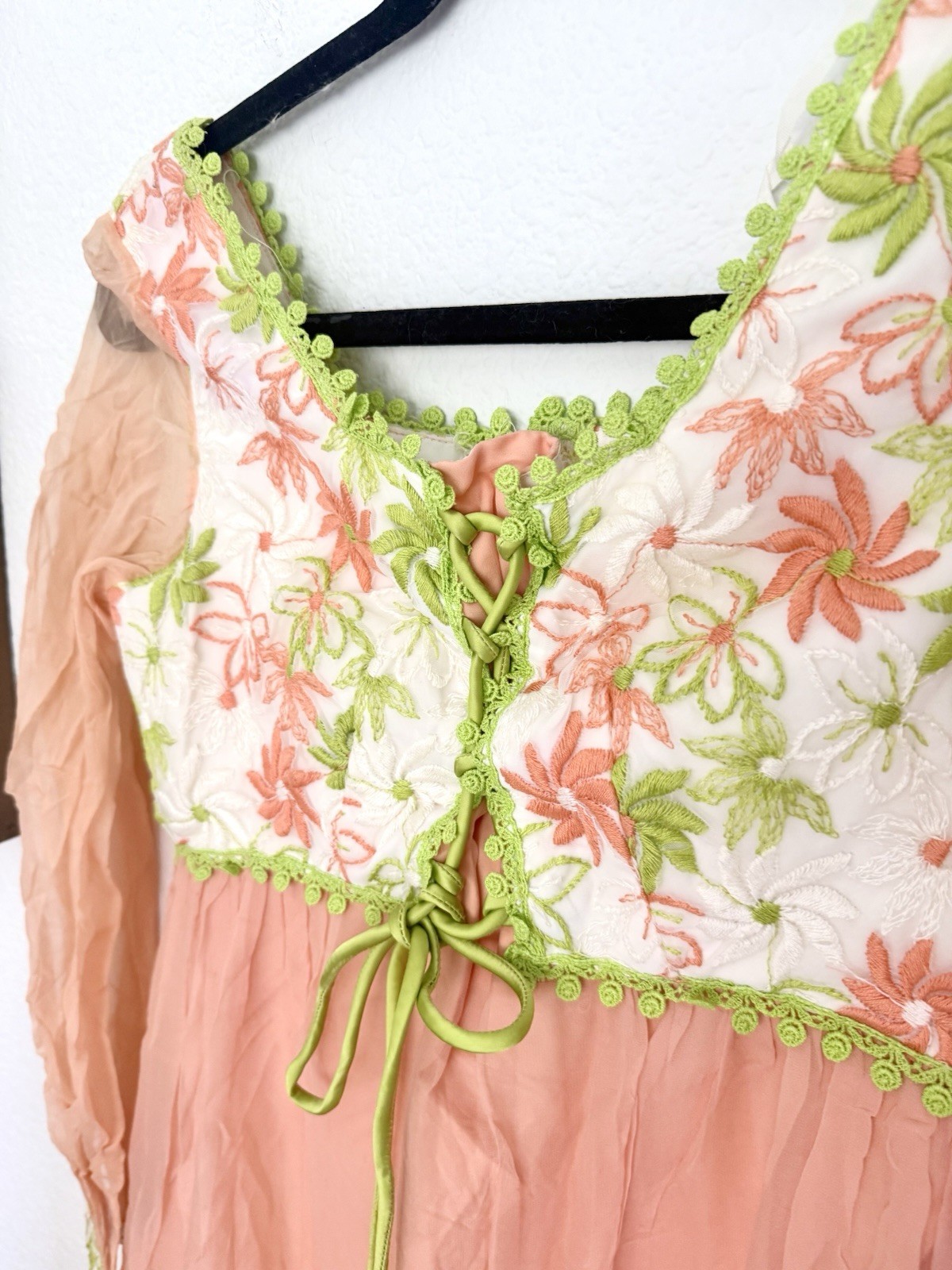 Vintage 60s Dress Embroidered Floral Chiffon Union Made Lace Up Bodice Boho READ